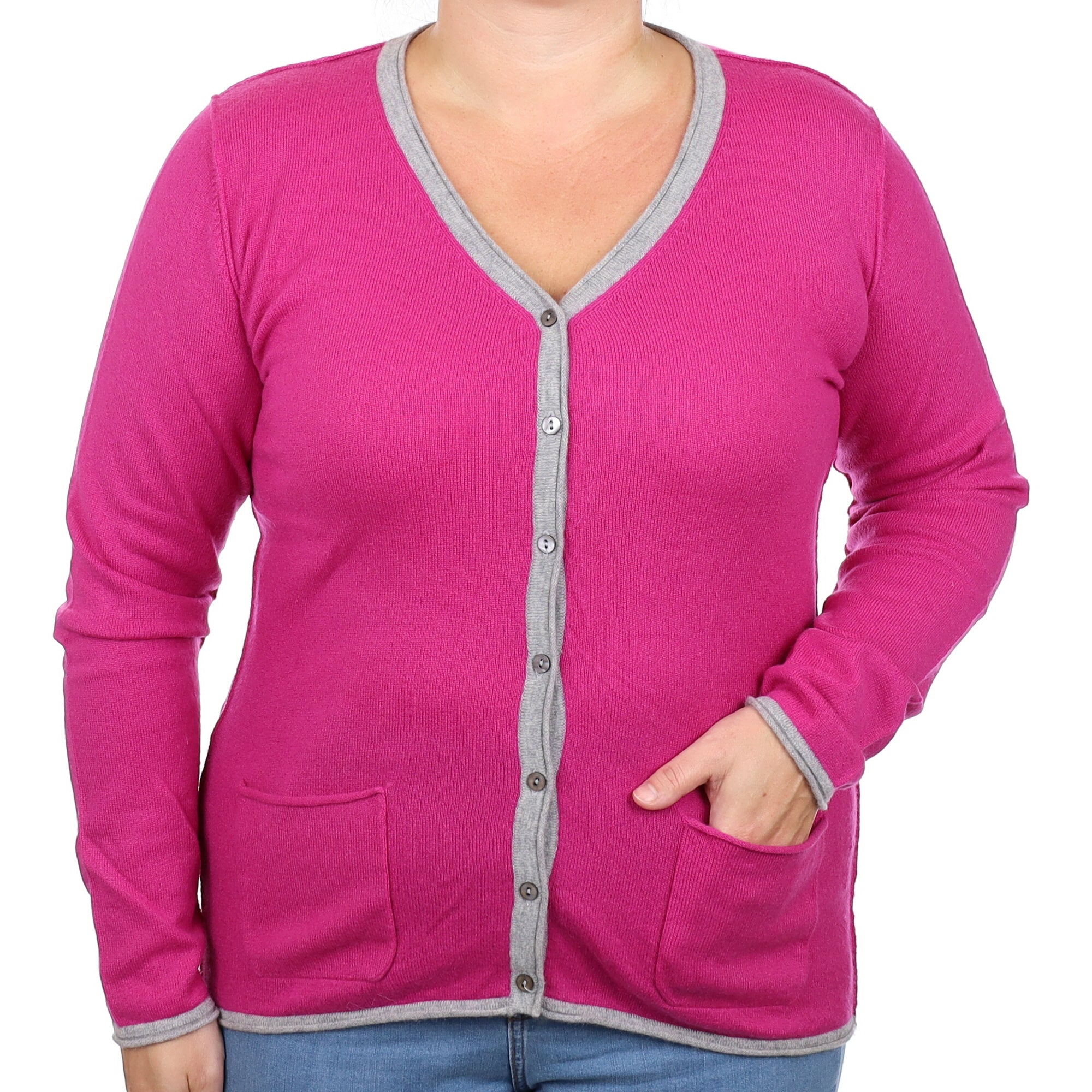 Fuchsia Grey Trim Cashmere V Neck Cardigan  with Pockets Large