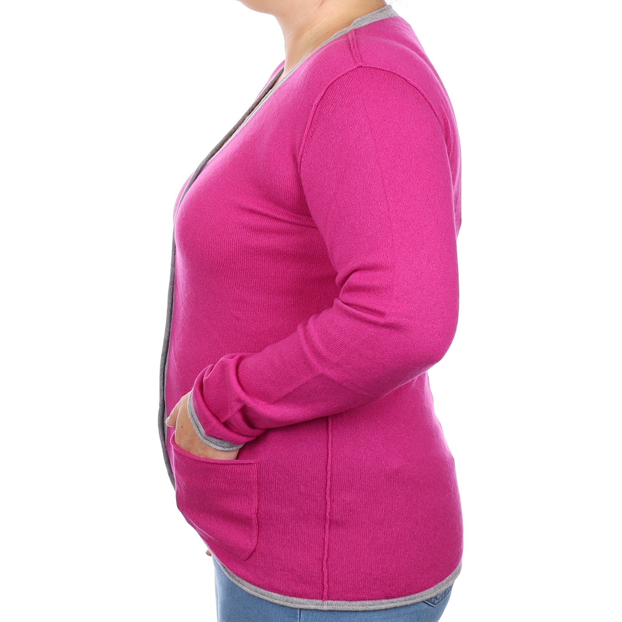Fuchsia Grey Trim Cashmere V Neck Cardigan  with Pockets Large