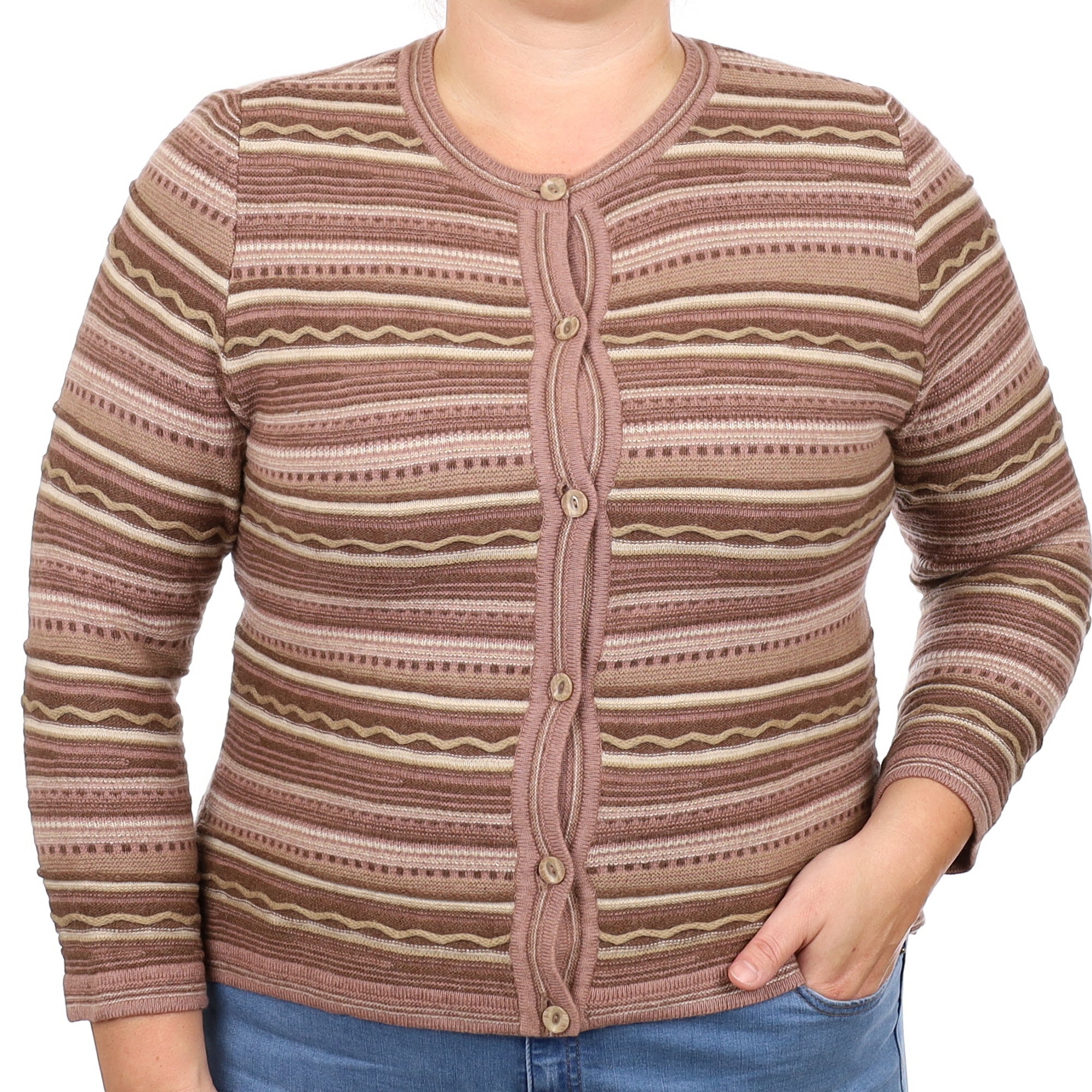 Puce Stripe Pattern Cashmere Crew Neck Cardigan Large