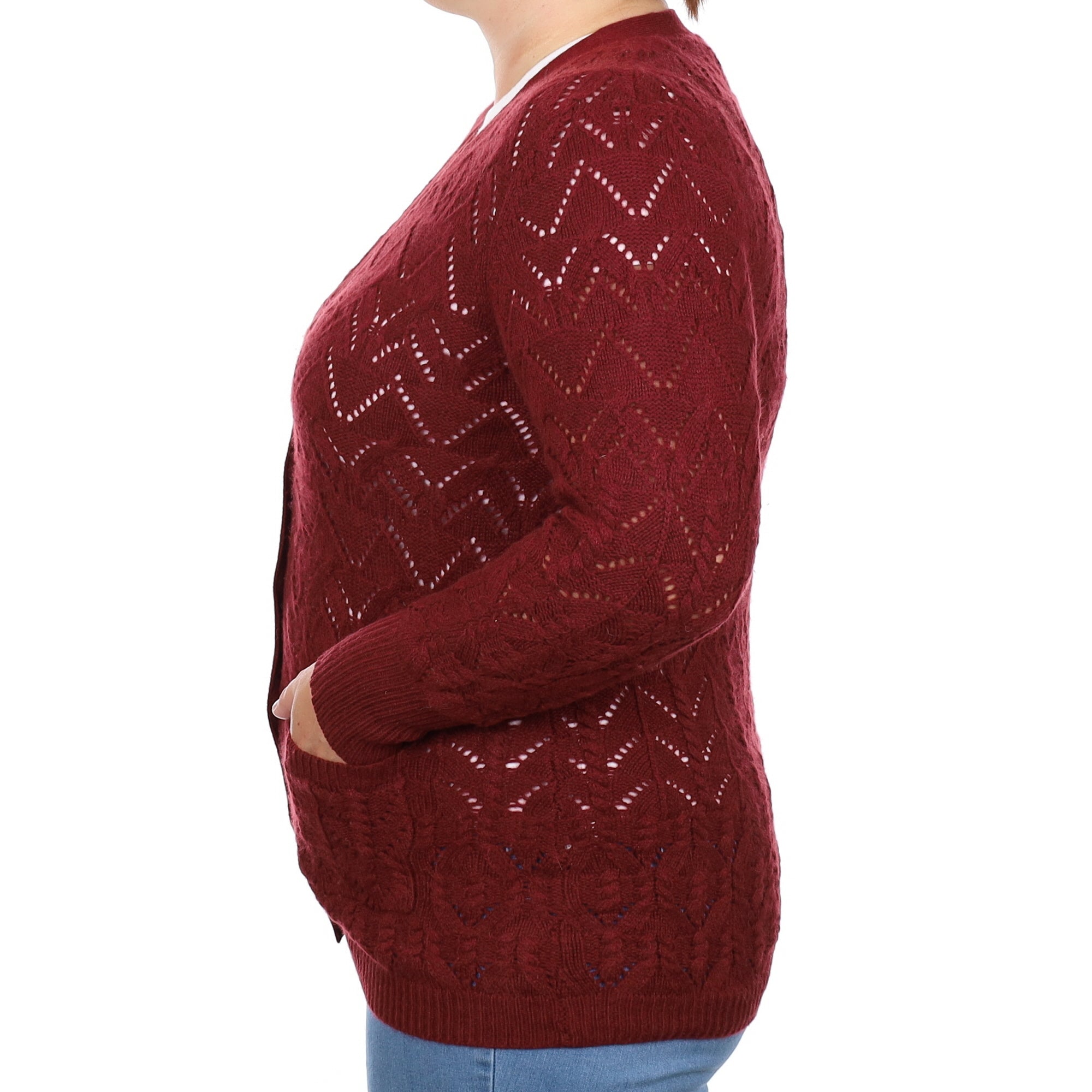 Burgundy Red Lace Knit Cashmere V Neck Cardigan Large