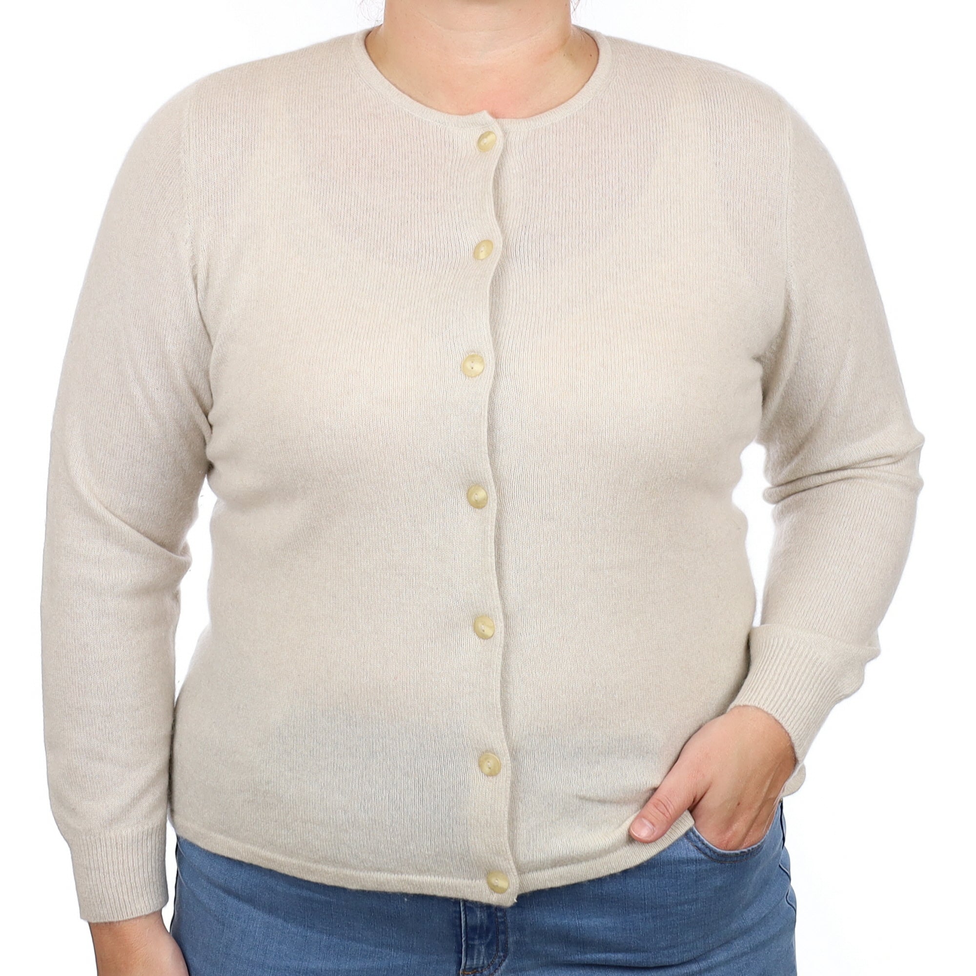 Honey Beige Cashmere Crew Neck Cardigan Large