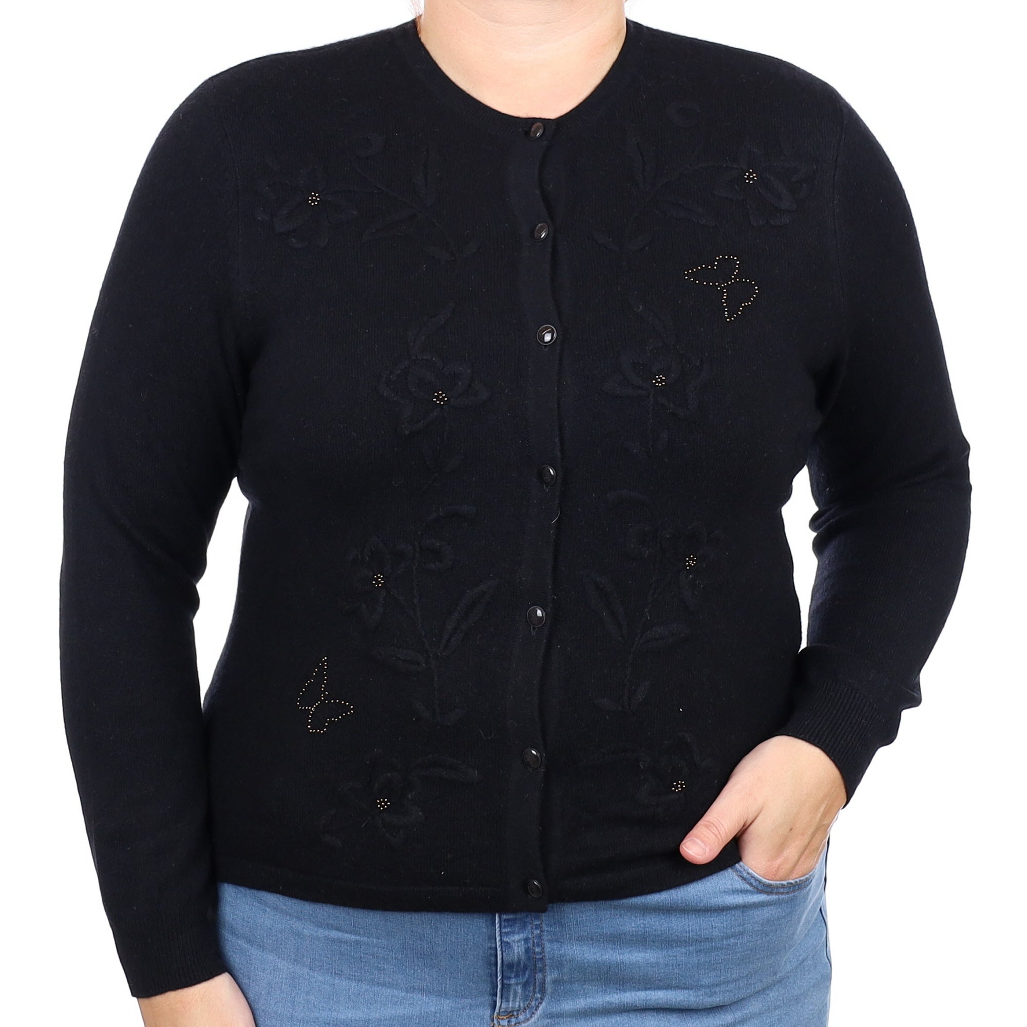 Black Embellished Cashmere Crew Neck Cardigan Large
