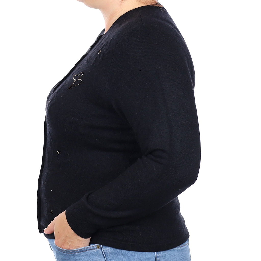 Black Embellished Cashmere Crew Neck Cardigan Large