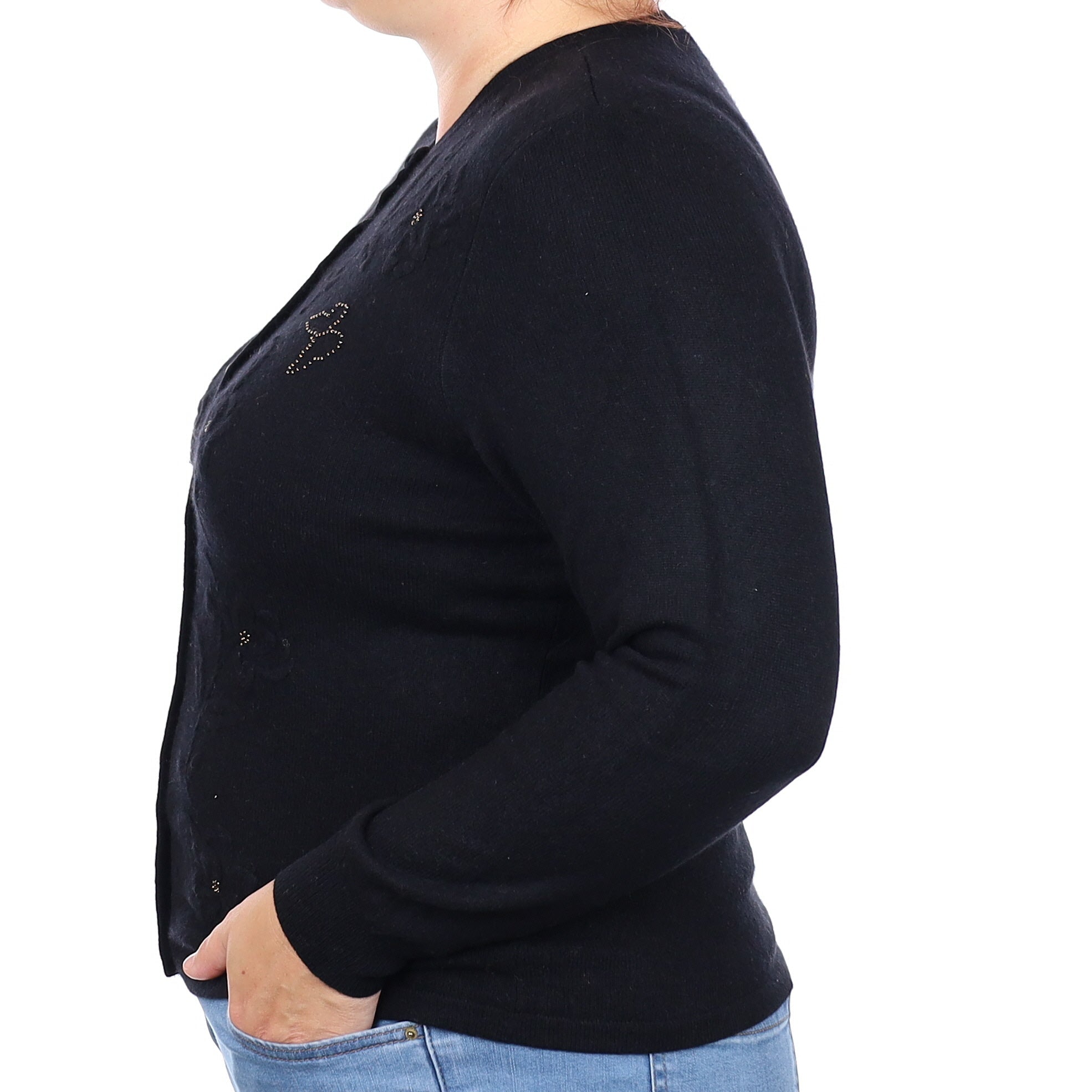 Black Embellished Cashmere Crew Neck Cardigan Large