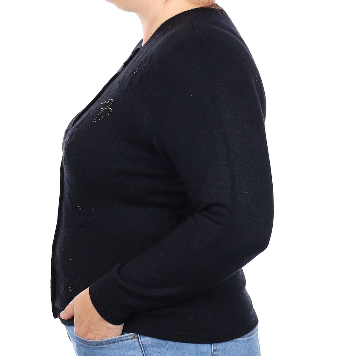 Black Embellished Cashmere Crew Neck Cardigan Large