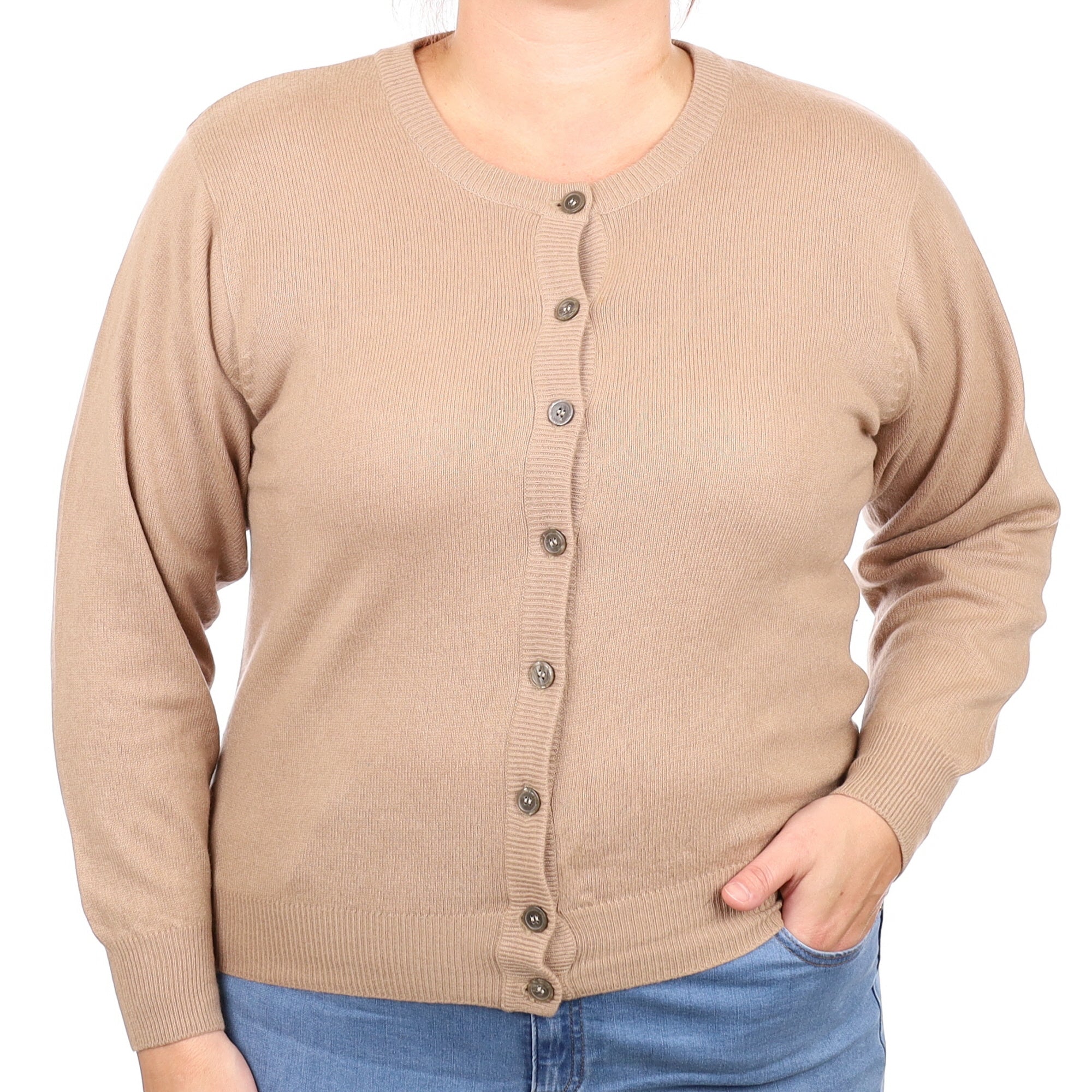 Camel Brown Cashmere Crew Neck Cardigan Large