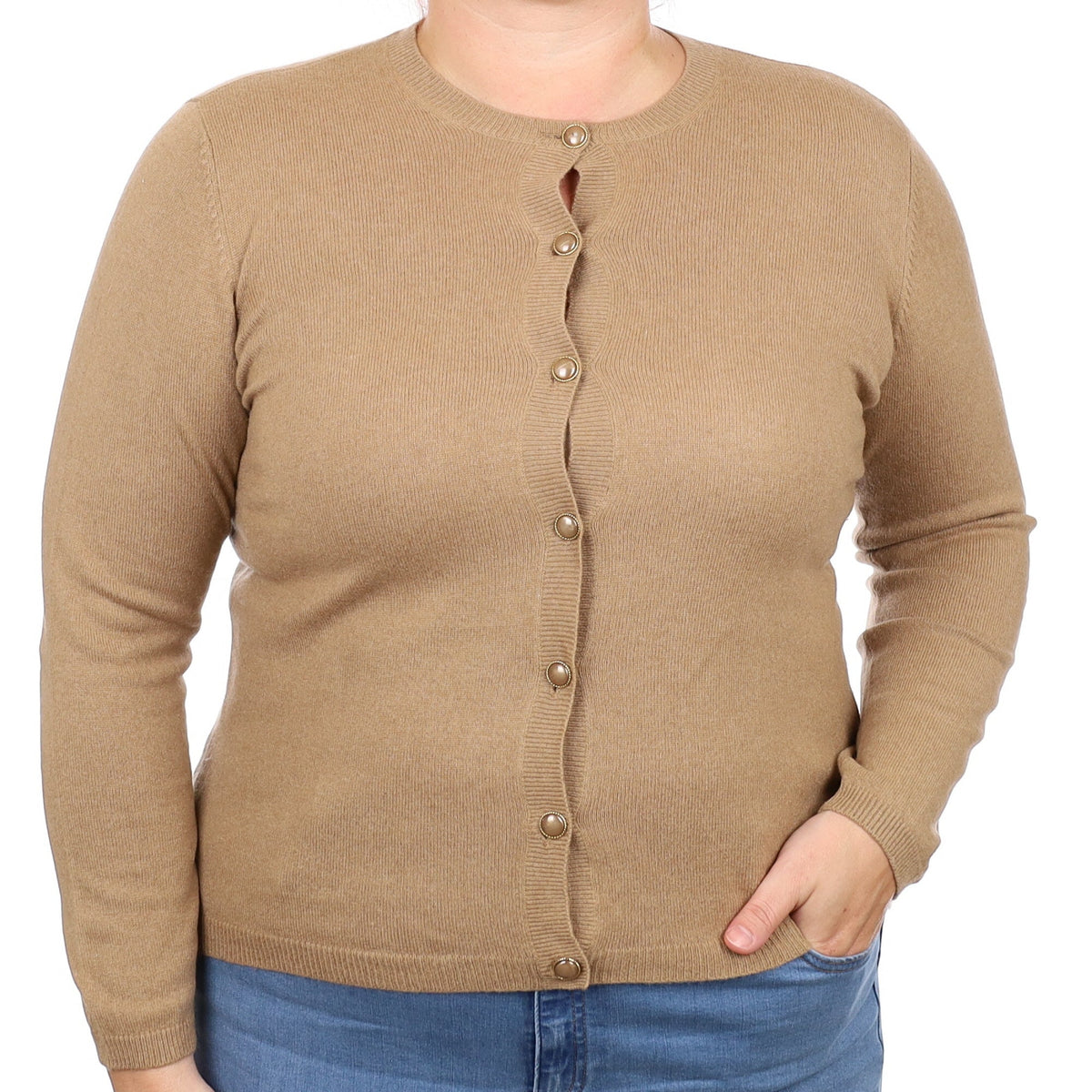 Camel Brown Cashmere Crew Neck Cardigan Large