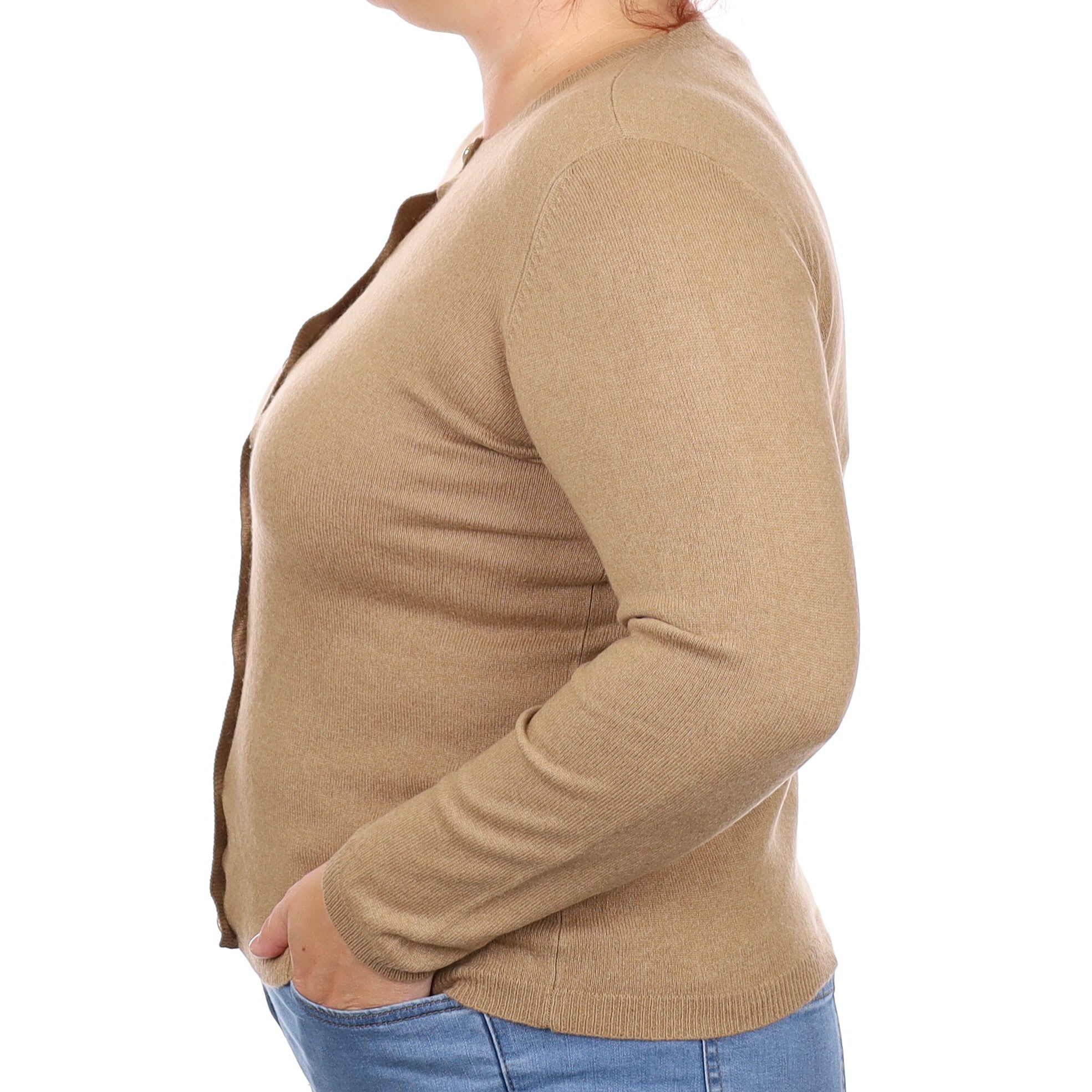 Camel Brown Cashmere Crew Neck Cardigan Large