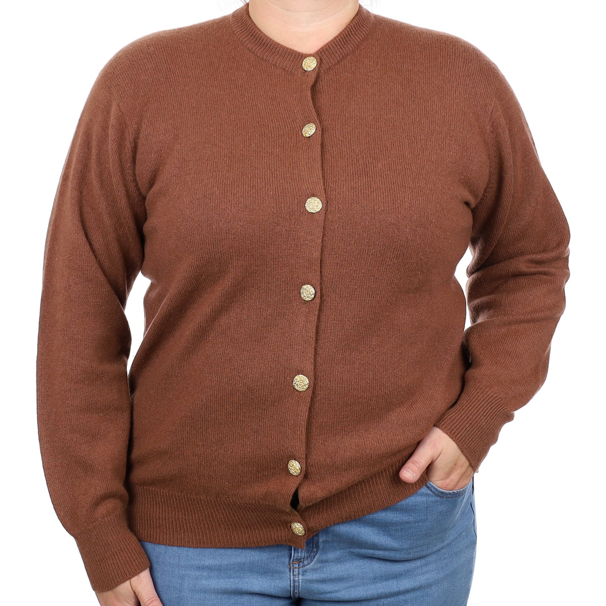 Scottish Hazelnut Brown Cashmere Crew Neck Cardigan Large