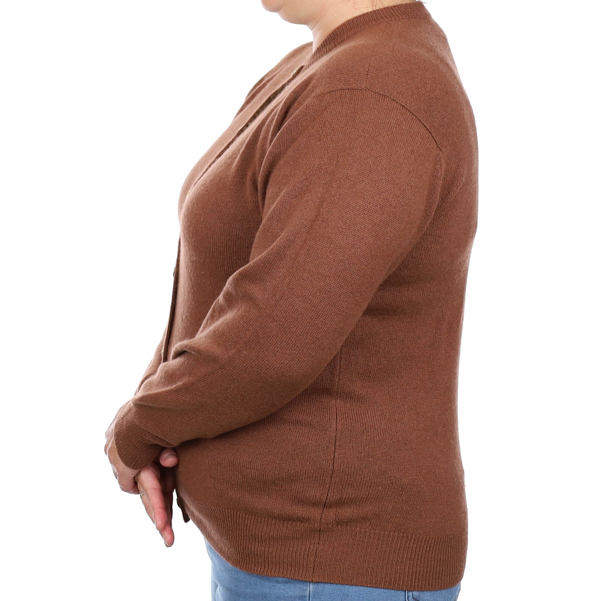 Scottish Hazelnut Brown Cashmere Crew Neck Cardigan Large