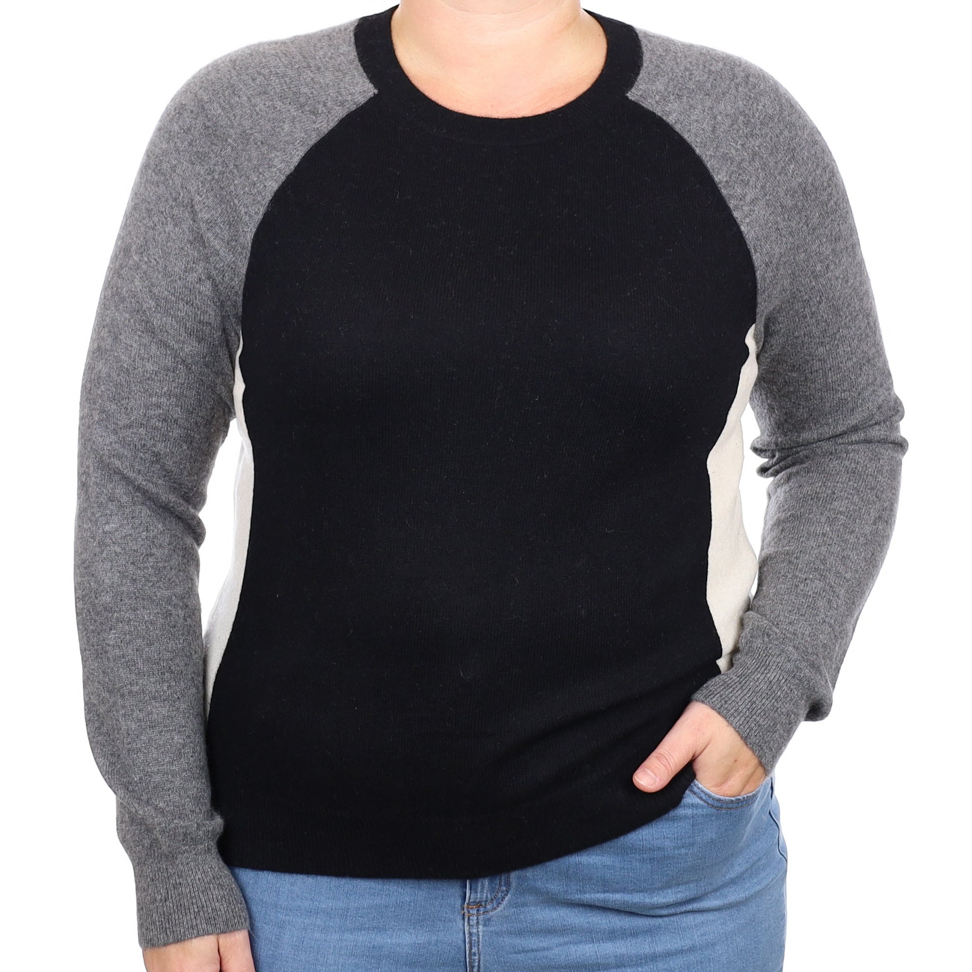 Black Colour Block Cashmere Crew Neck Jumper Large