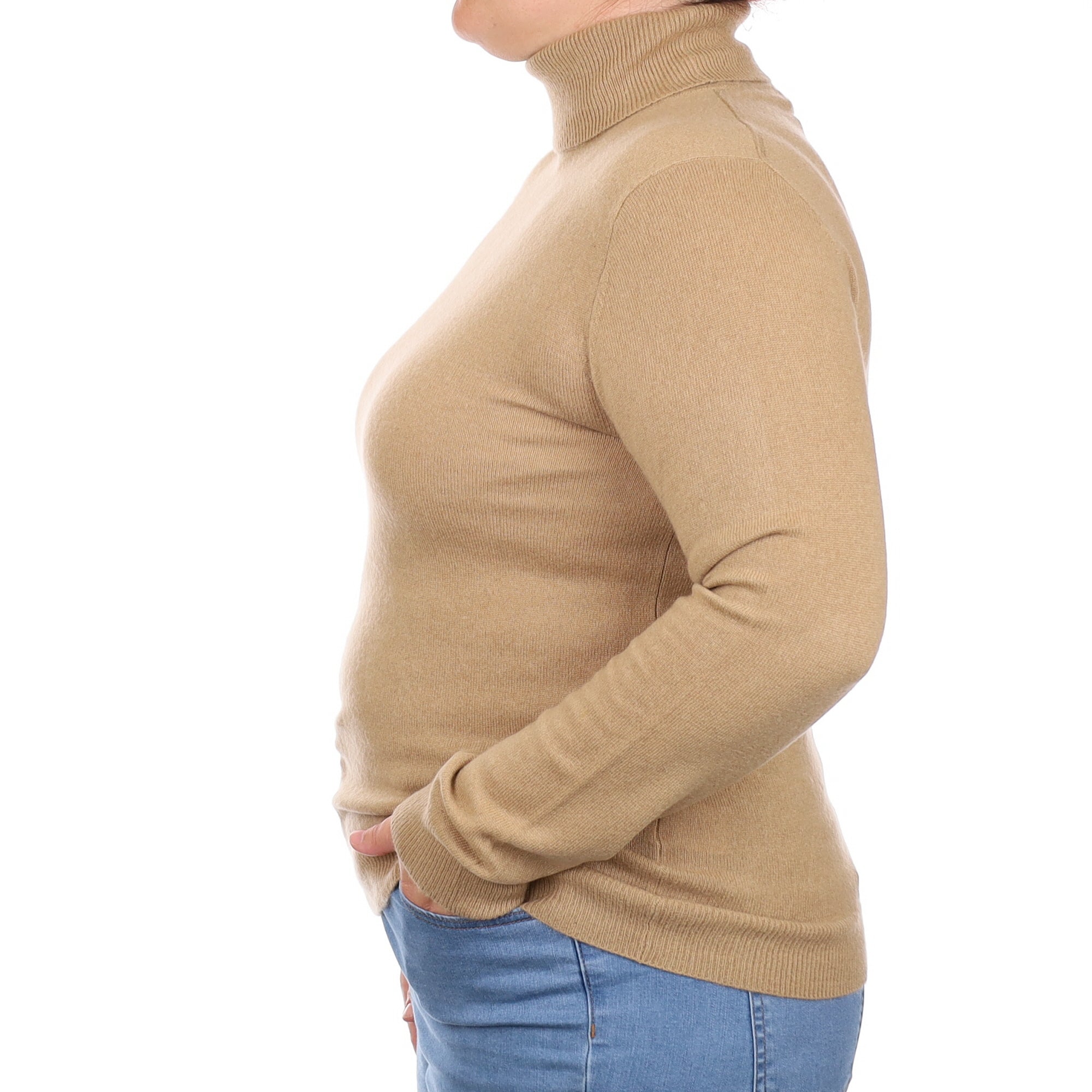 Camel Brown Cashmere Polo Neck Jumper Large