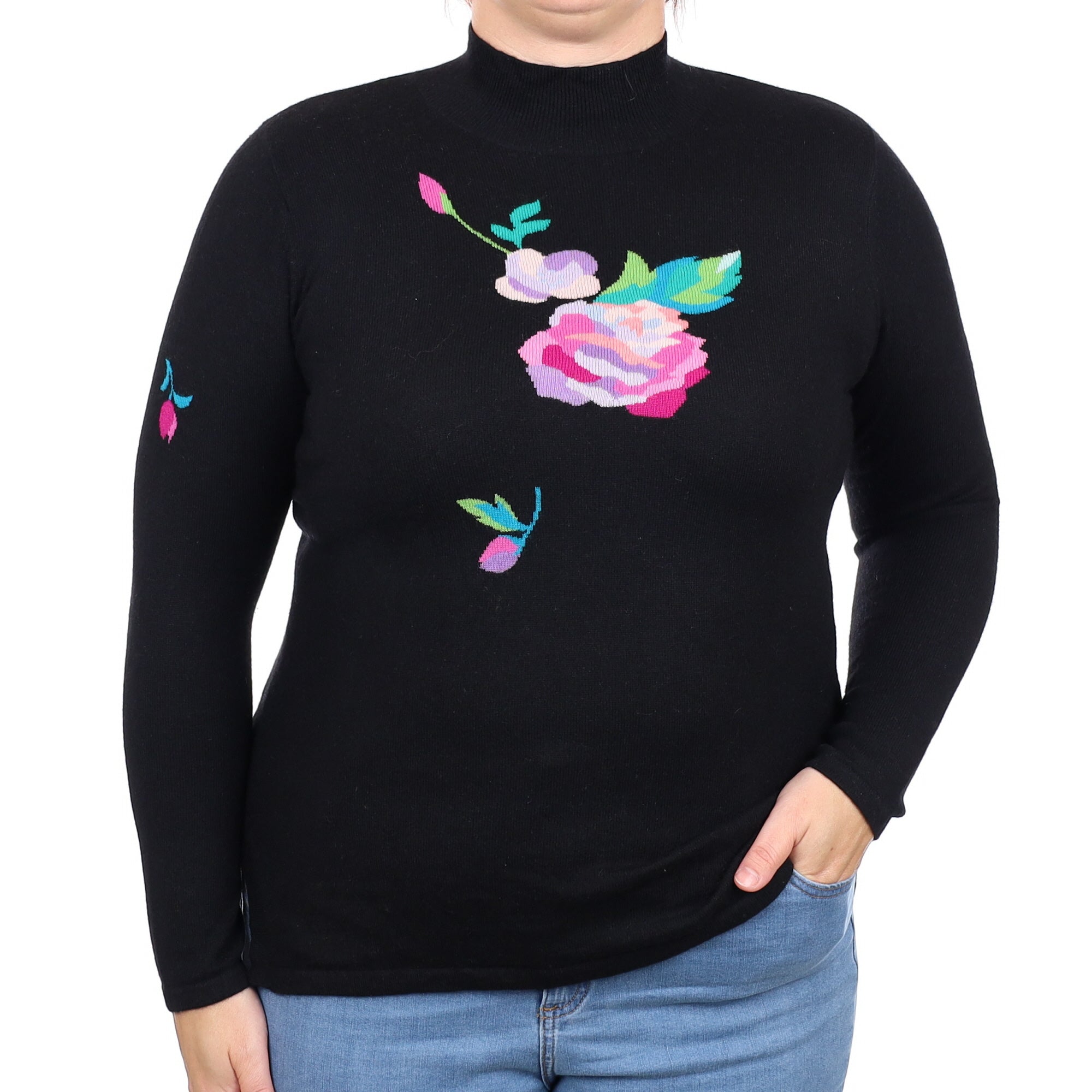 Black Floral Cashmere Turtleneck Jumper Large