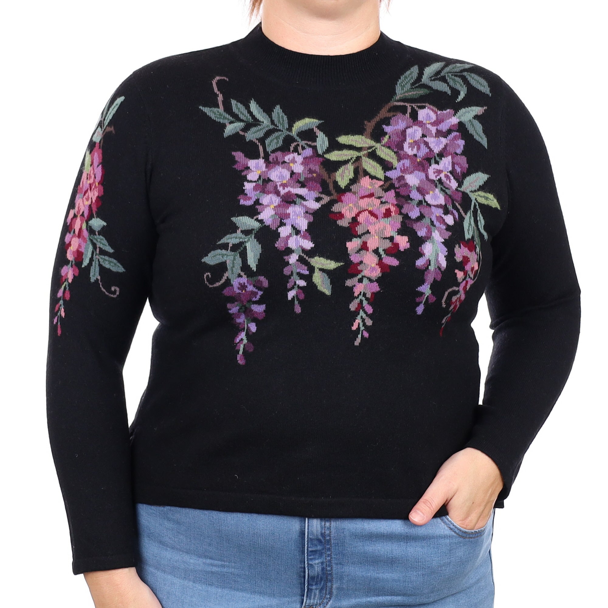 Black Floral Cashmere Turtle Neck Jumper Large