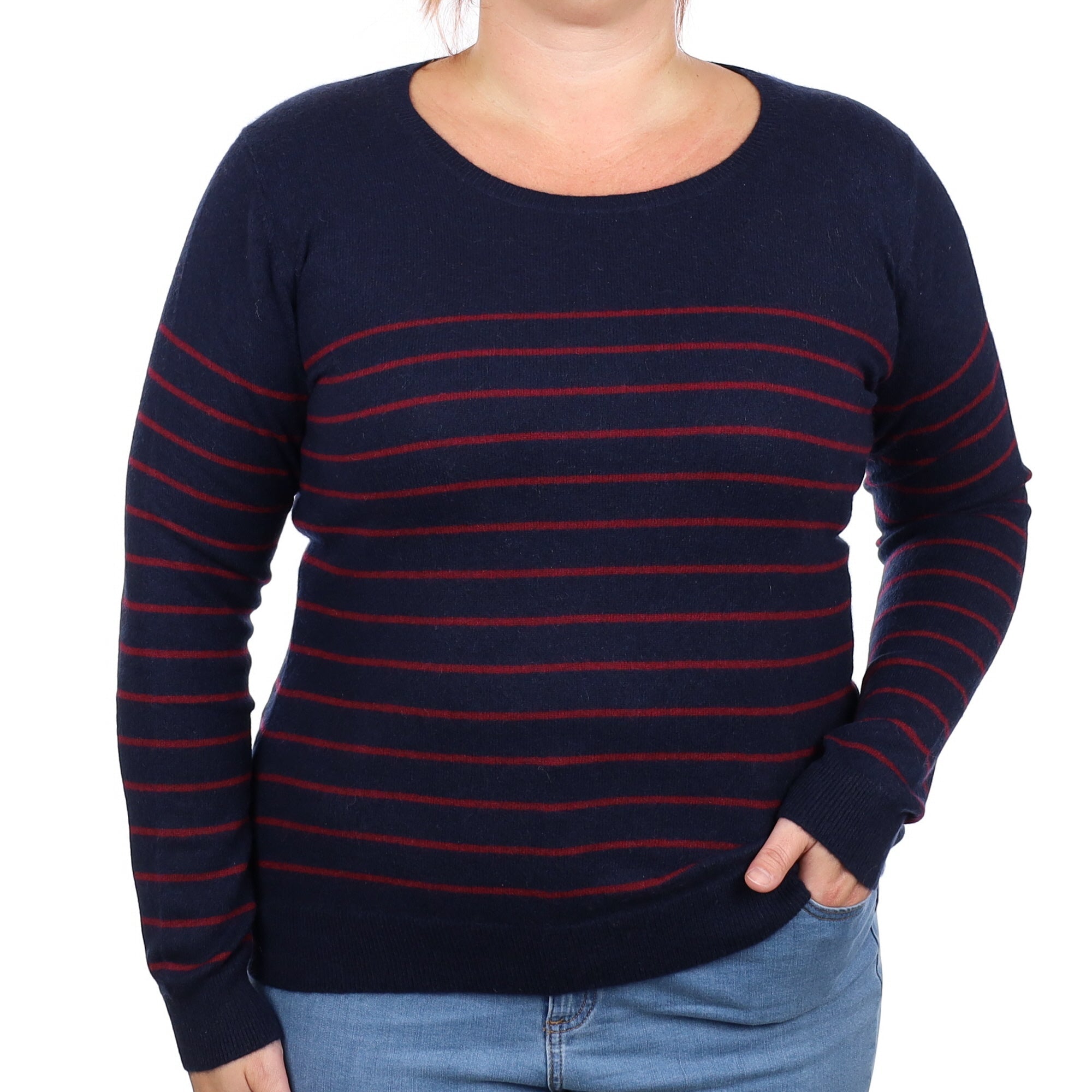 Navy and Burgundy Striped Cashmere Crew Neck Jumper Large
