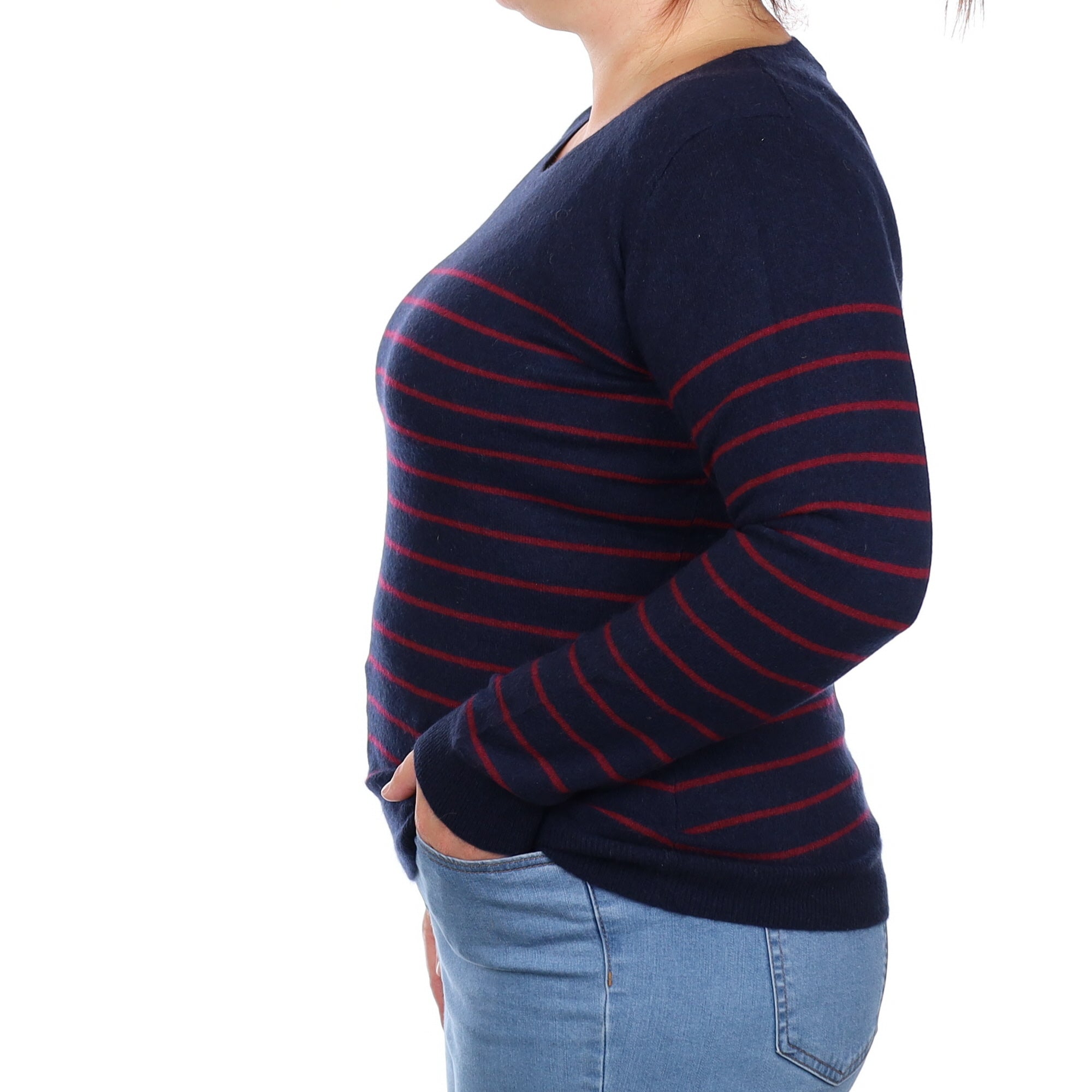 Navy and Burgundy Striped Cashmere Crew Neck Jumper Large