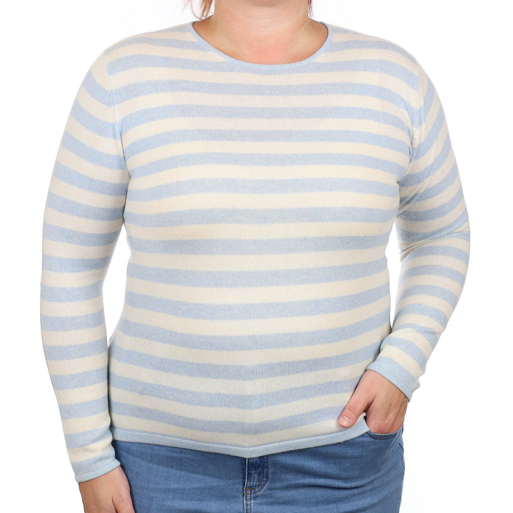Blue and Ivory Striped Cashmere Crew Neck Jumper Large