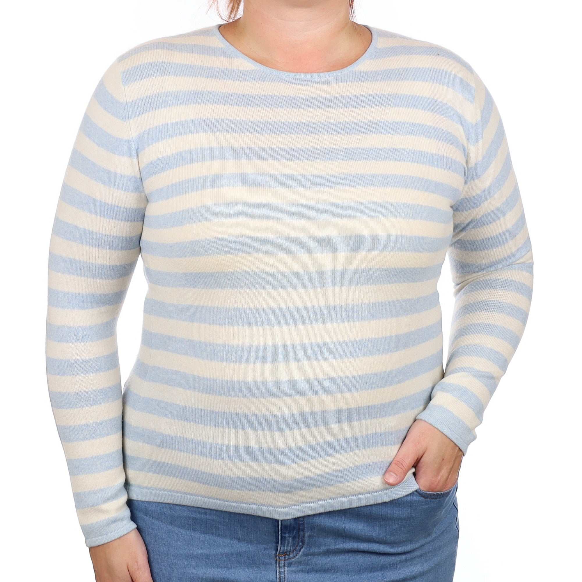 Blue and Ivory Striped Cashmere Crew Neck Jumper Large