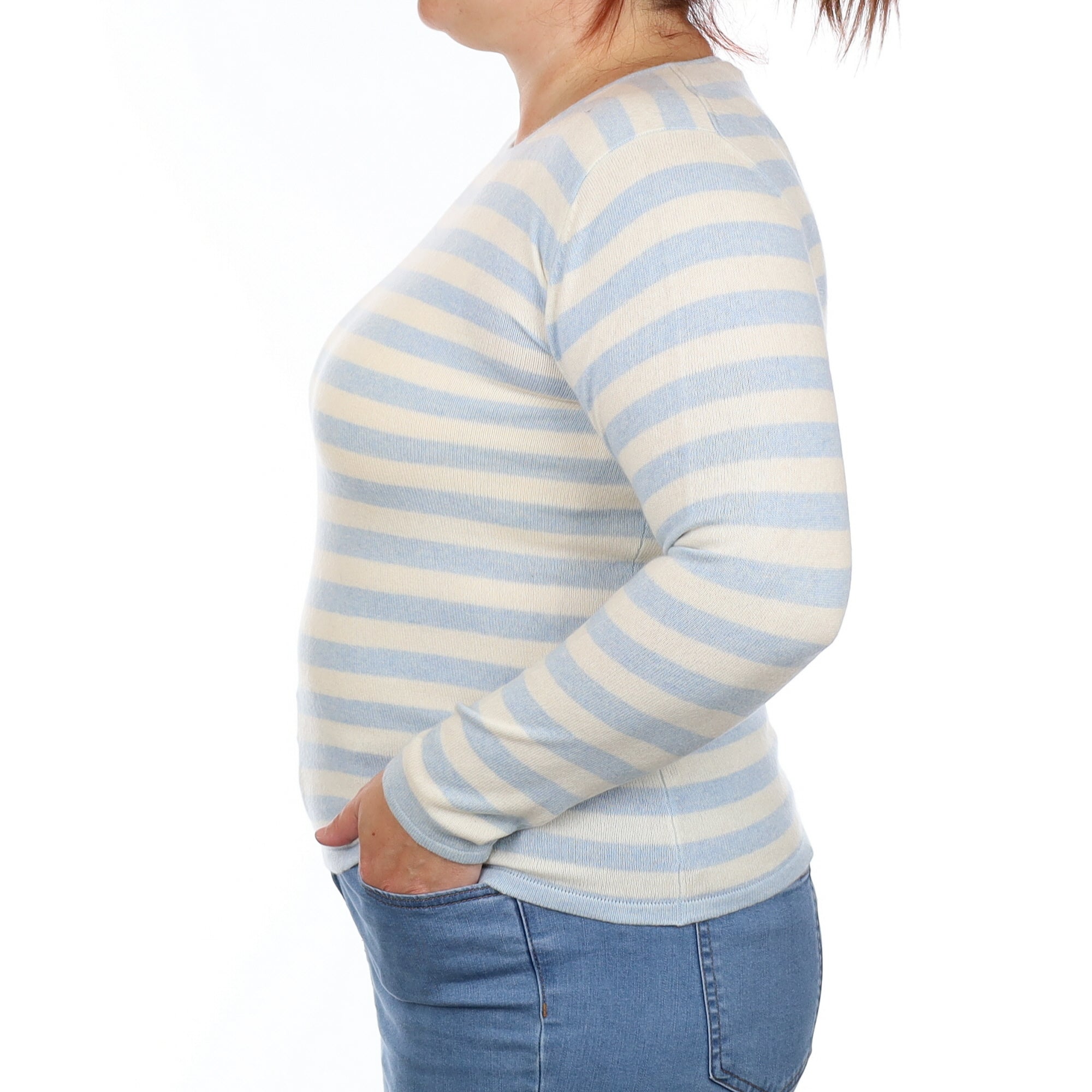 Blue and Ivory Striped Cashmere Crew Neck Jumper Large