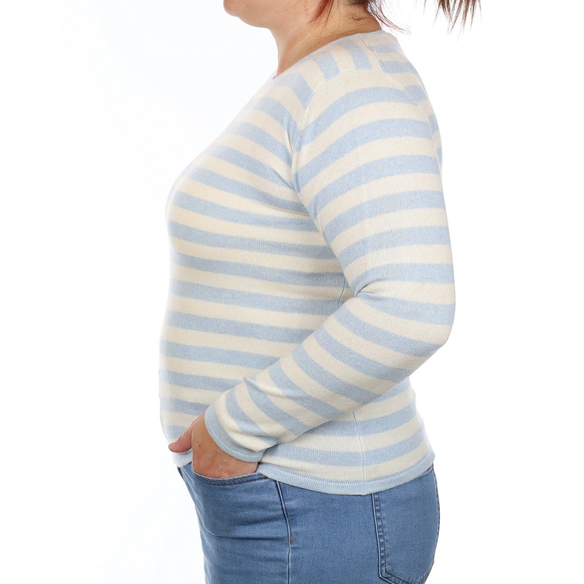 Blue and Ivory Striped Cashmere Crew Neck Jumper Large
