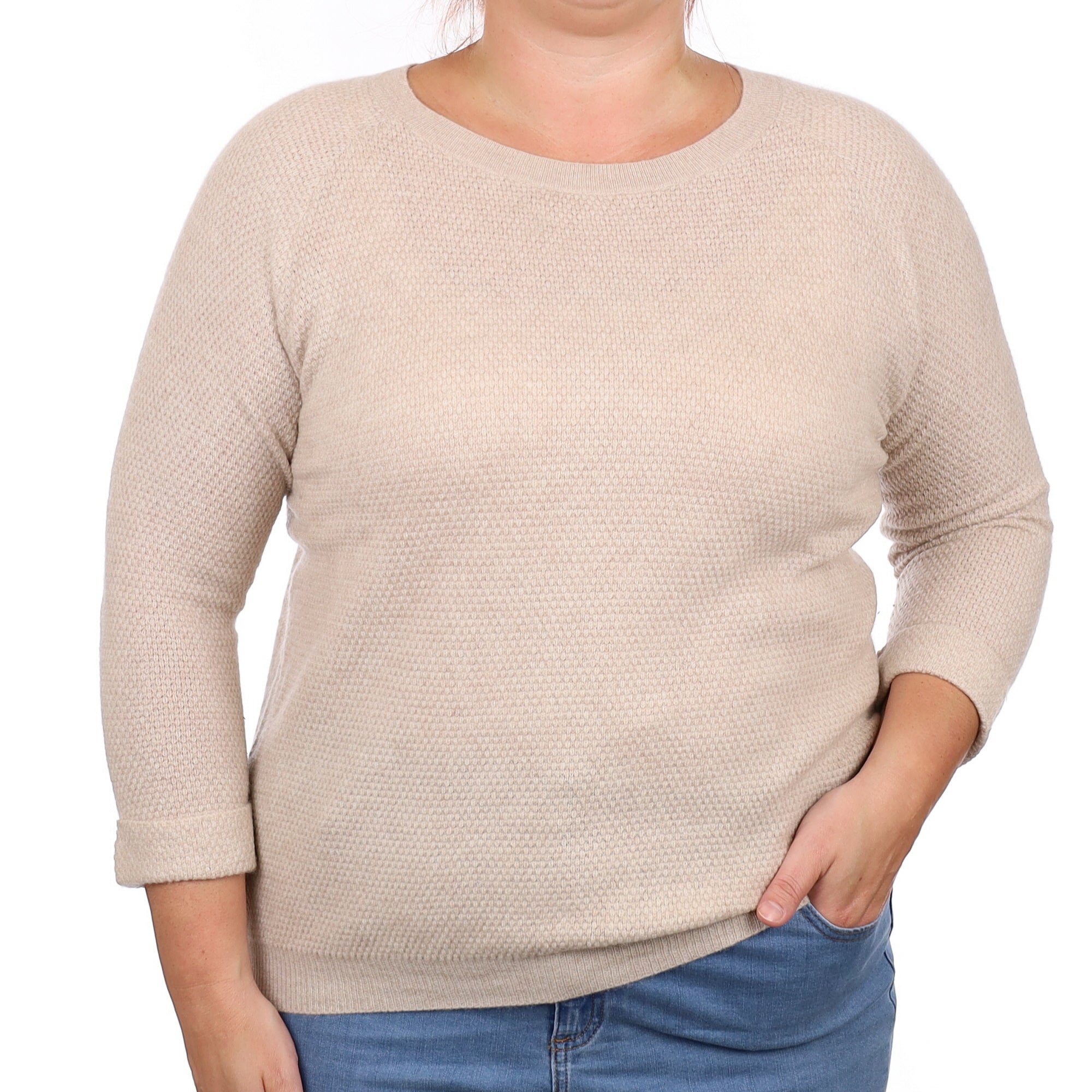 Oatmeal Waffle Cashmere Crew Neck Jumper Large