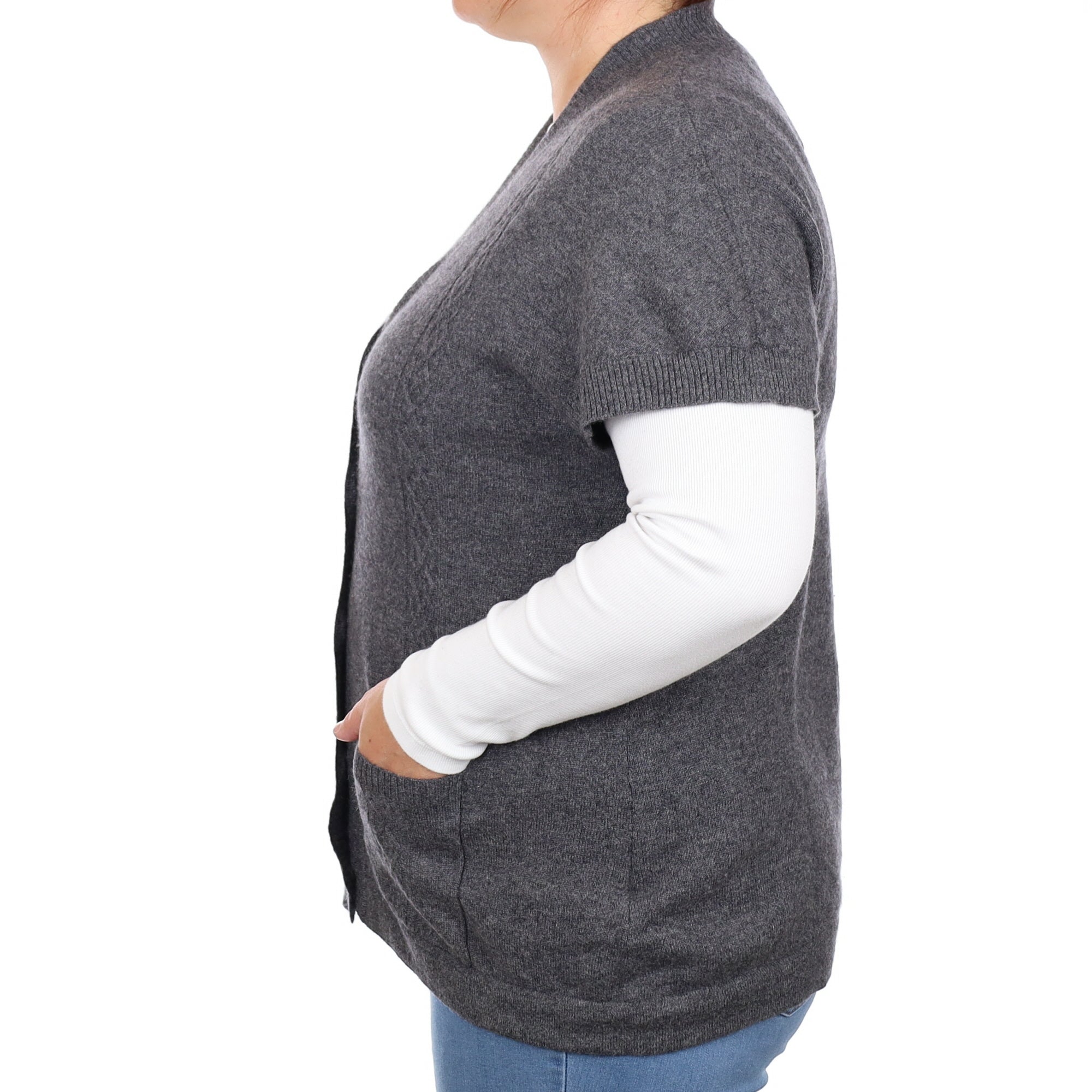 Slate Grey Cashmere Short Sleeved V Neck Cardigan with Pockets Large