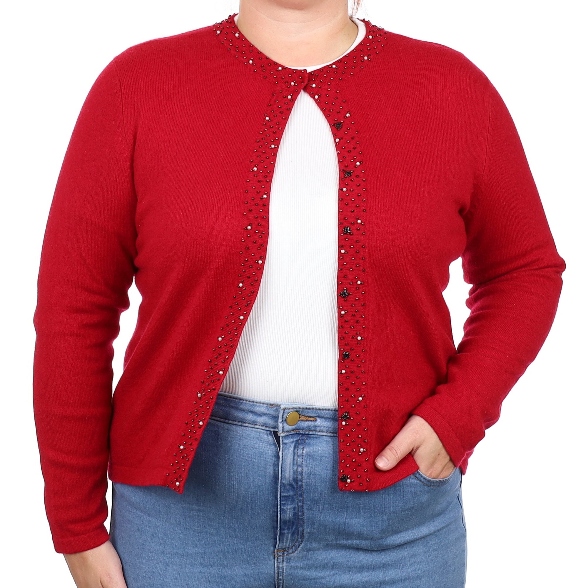 Crimson Red Bead Trim Cashmere  Crew Neck Cardigan Large