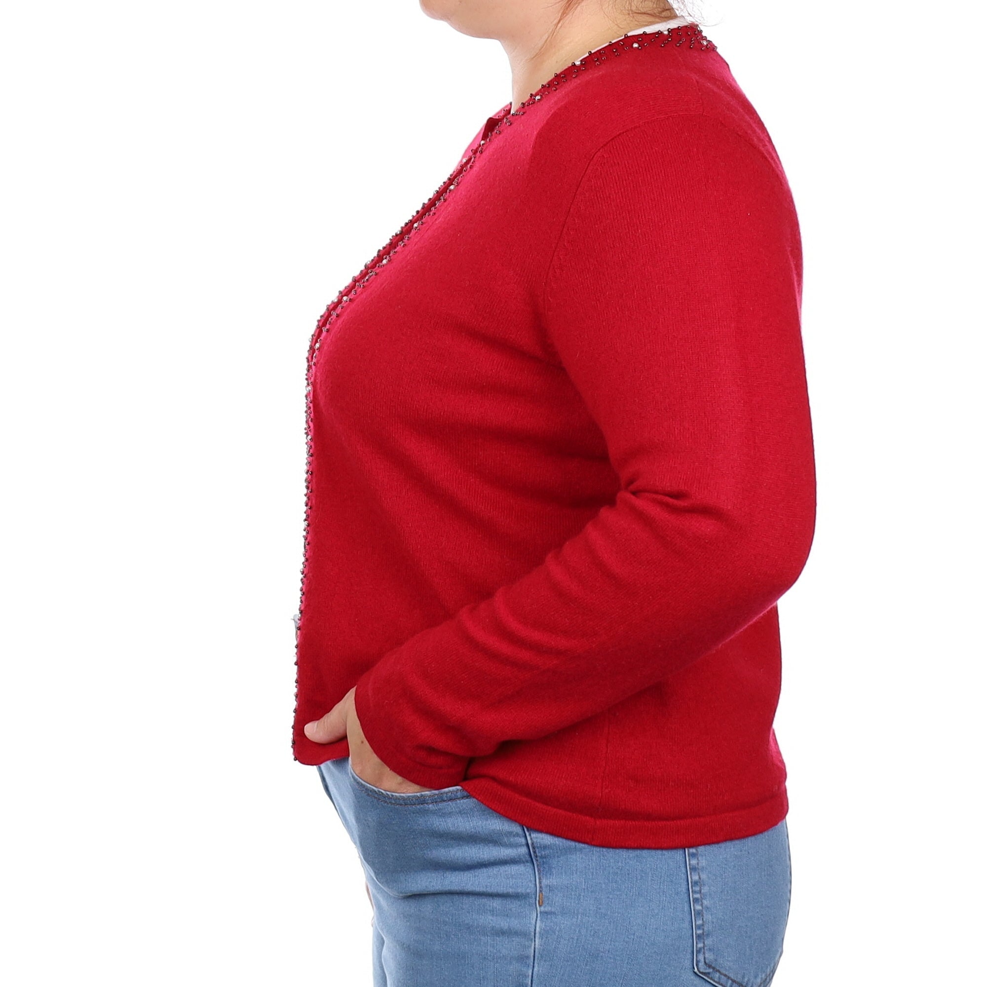 Crimson Red Bead Trim Cashmere  Crew Neck Cardigan Large