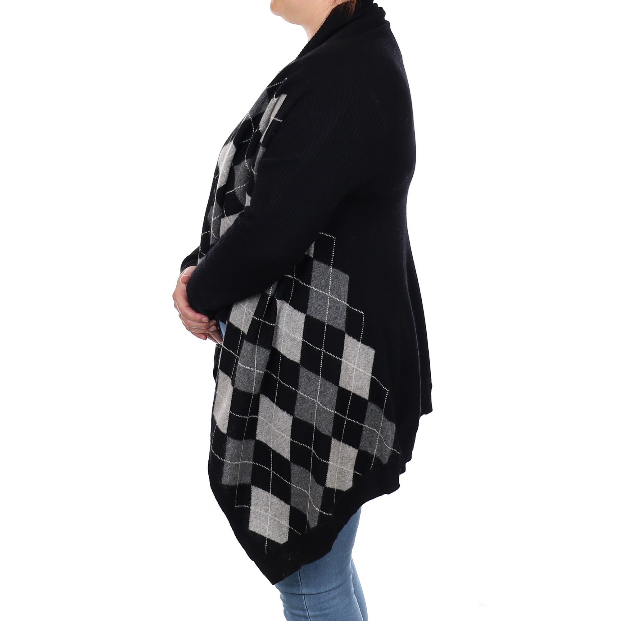 Black and Grey Argyle Cashmere Waterfall Cardigan Large