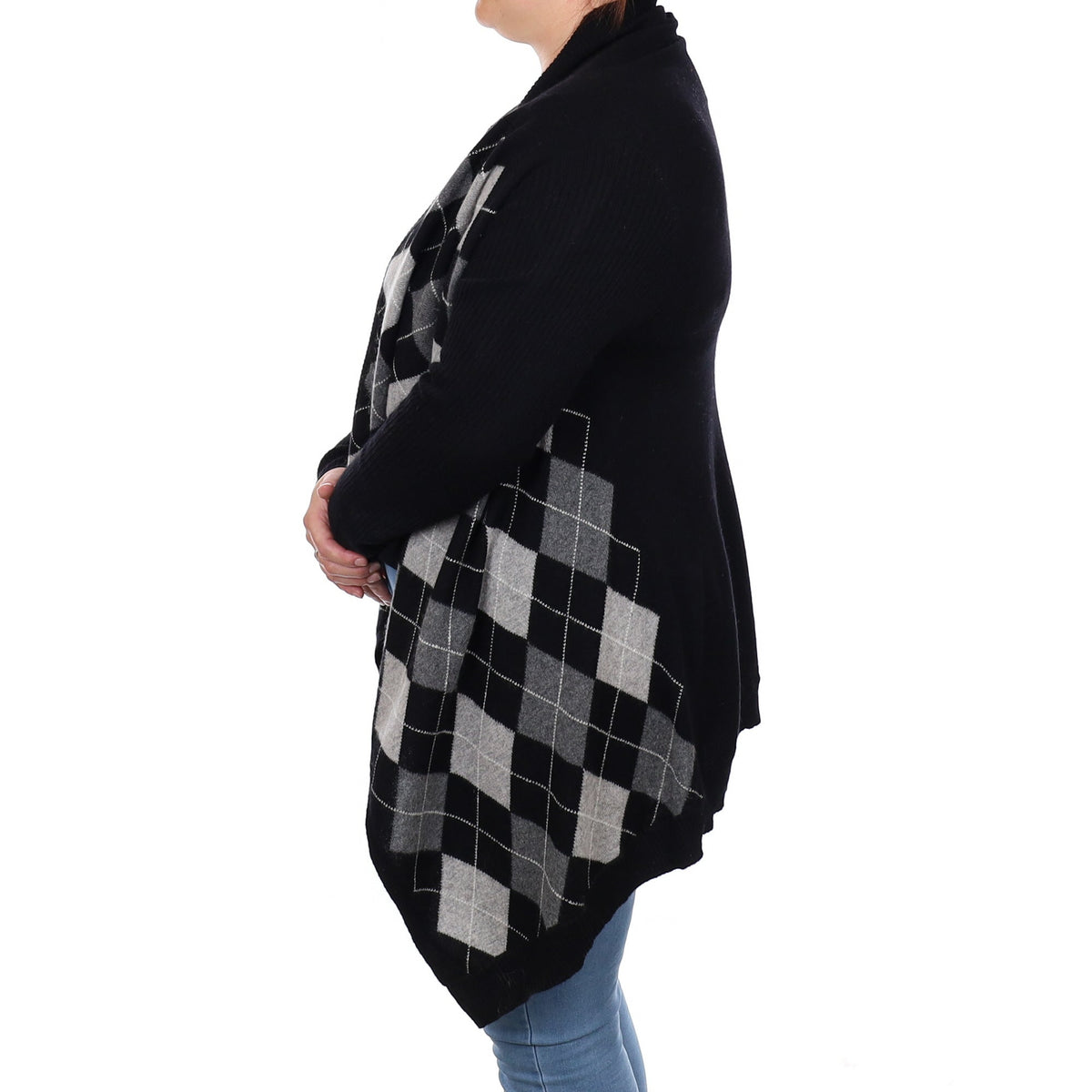 Black and Grey Argyle Cashmere Waterfall Cardigan Large