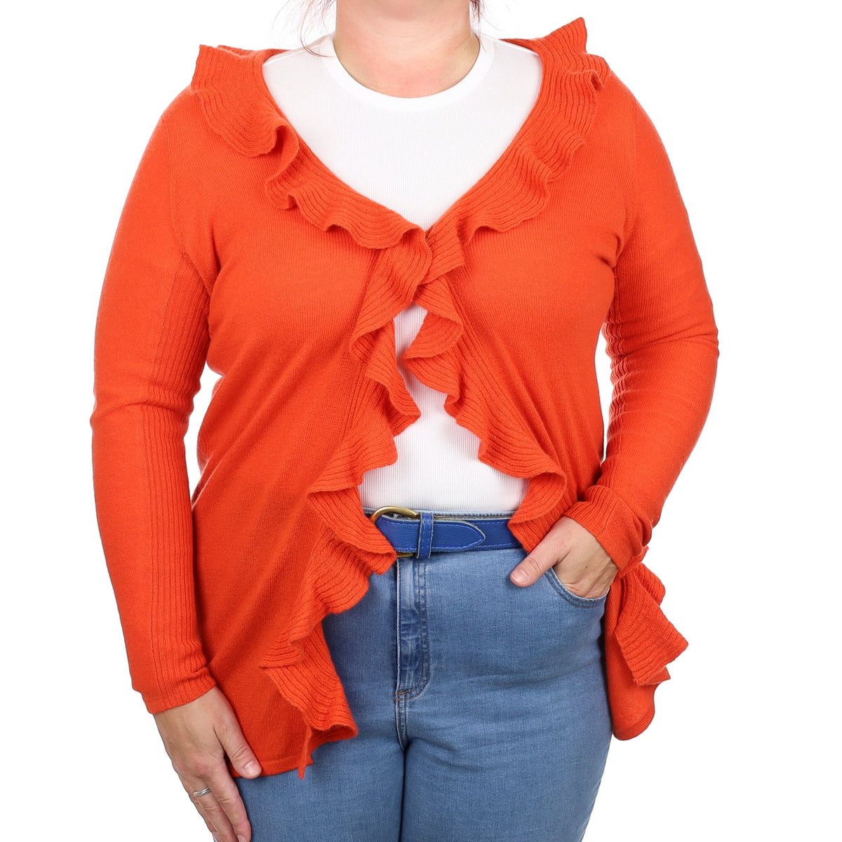 Tangerine Orange Cashmere Frill Trim Cardigan Large