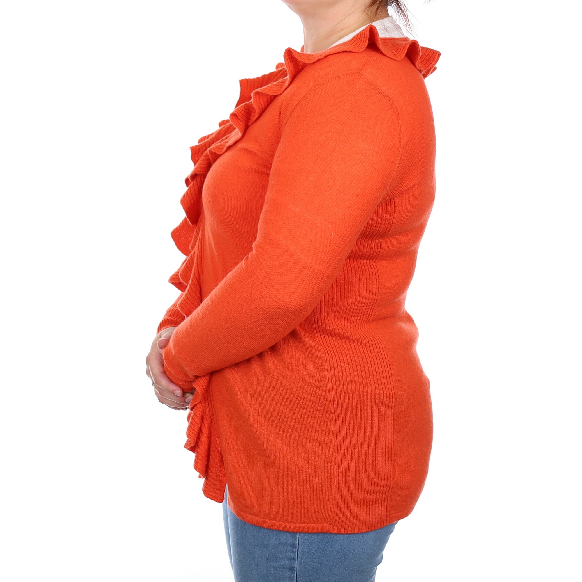 Tangerine Orange Cashmere Frill Trim Cardigan Large