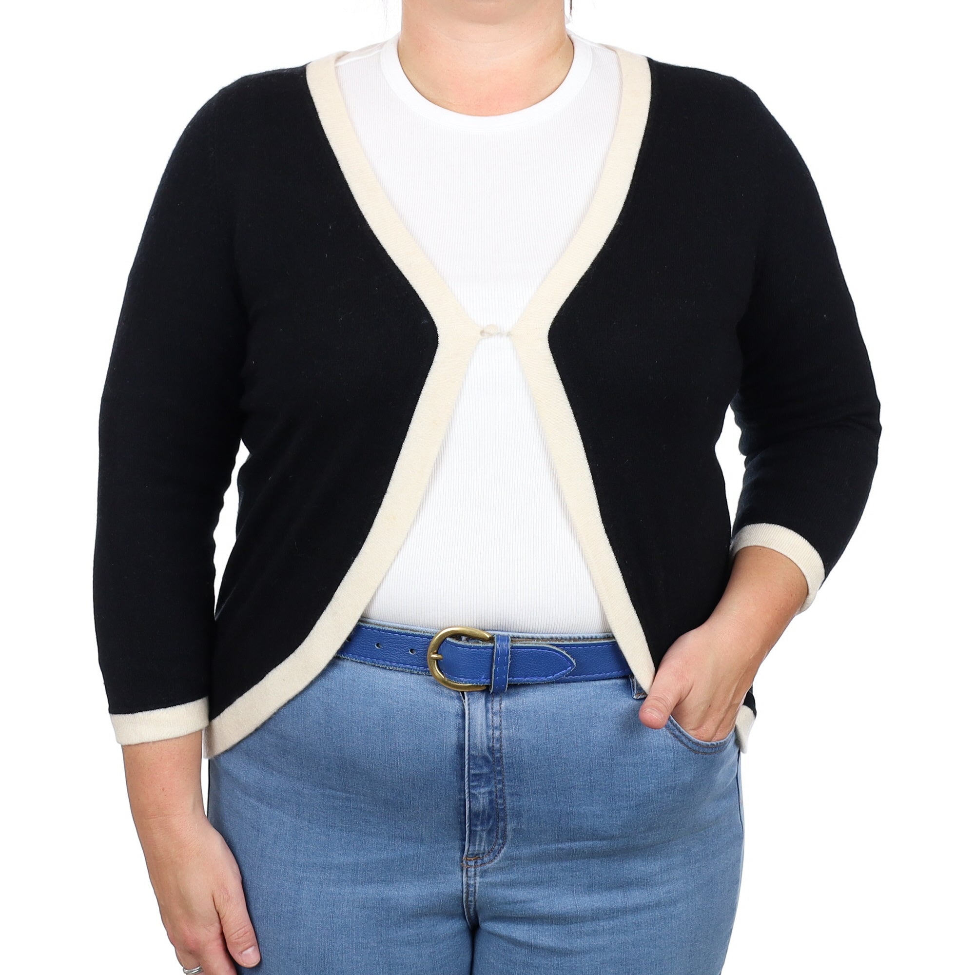 Black Cream Trim Cashmere V Neck Cardigan Large