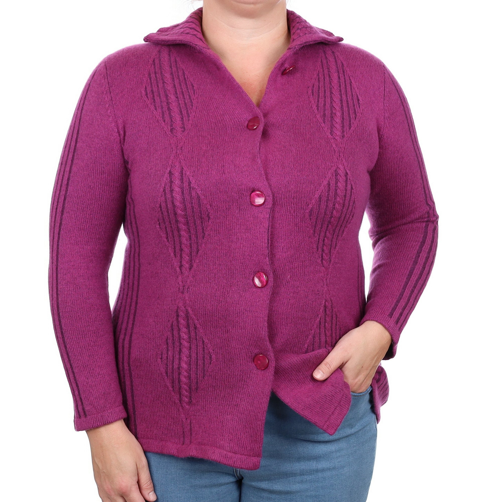 Magenta Purple Textured Cashmere Collared Cardigan Large