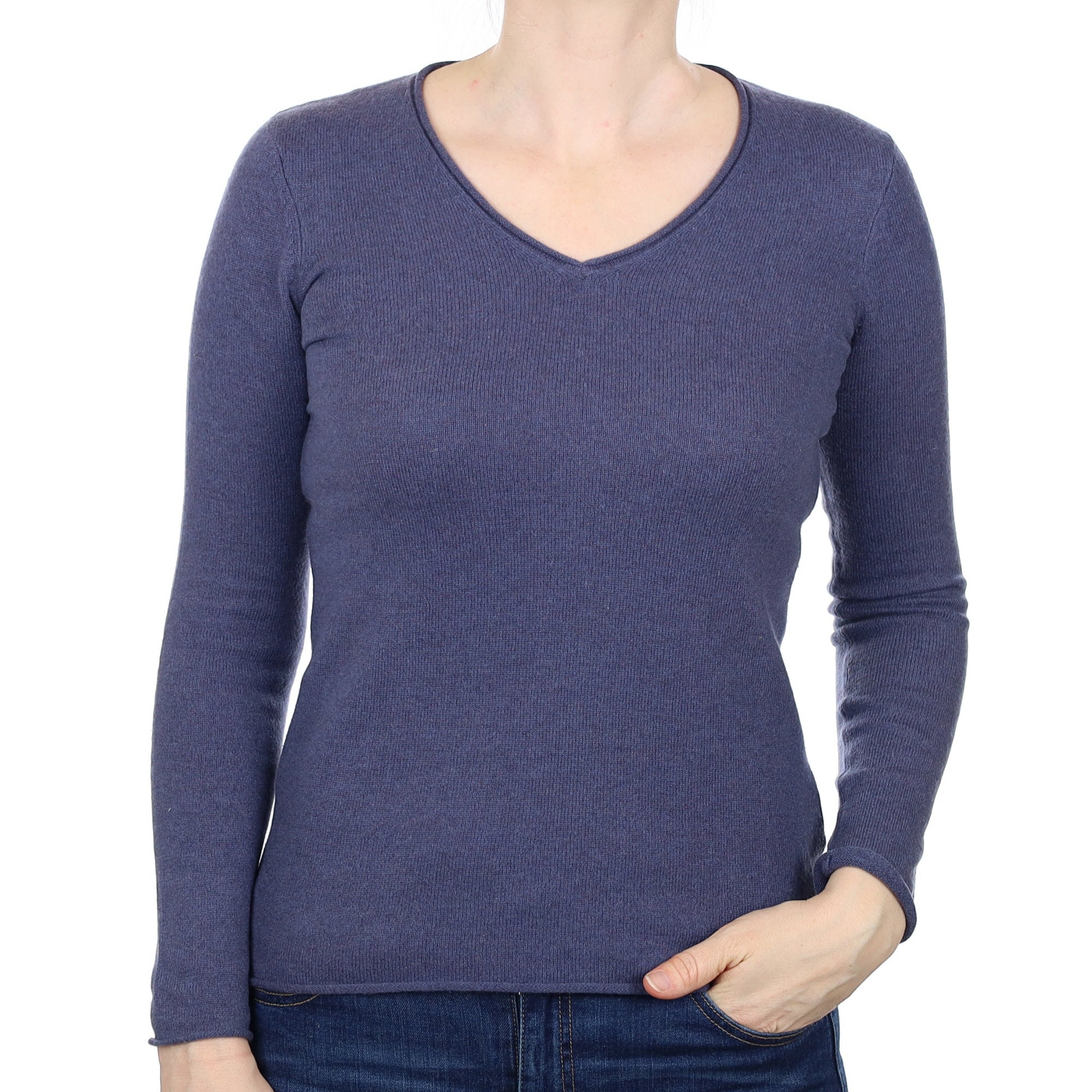 Naval Blue Cashmere Diamanté Detail V Neck Jumper Small