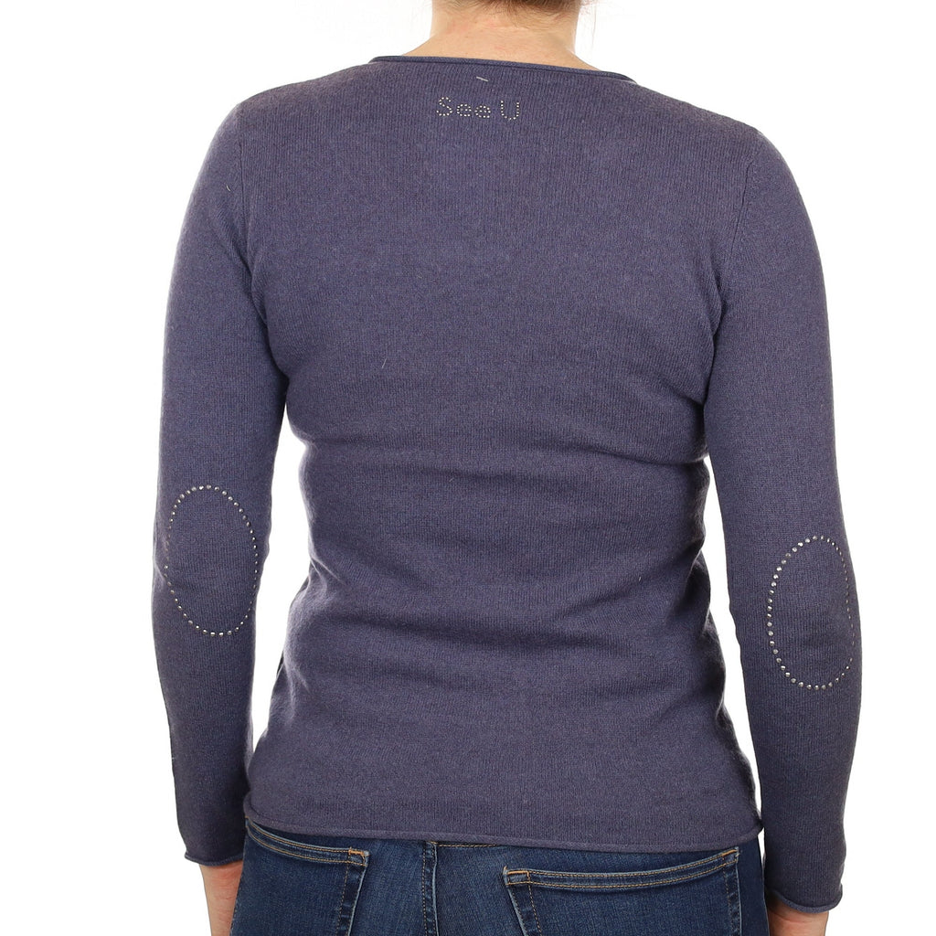 Naval Blue Cashmere Diamanté Detail V Neck Jumper Small
