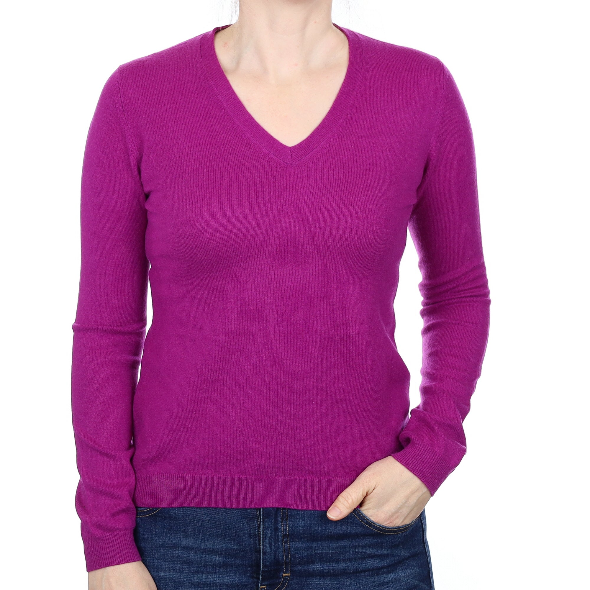 Magenta Purple Cashmere V Neck Jumper Small