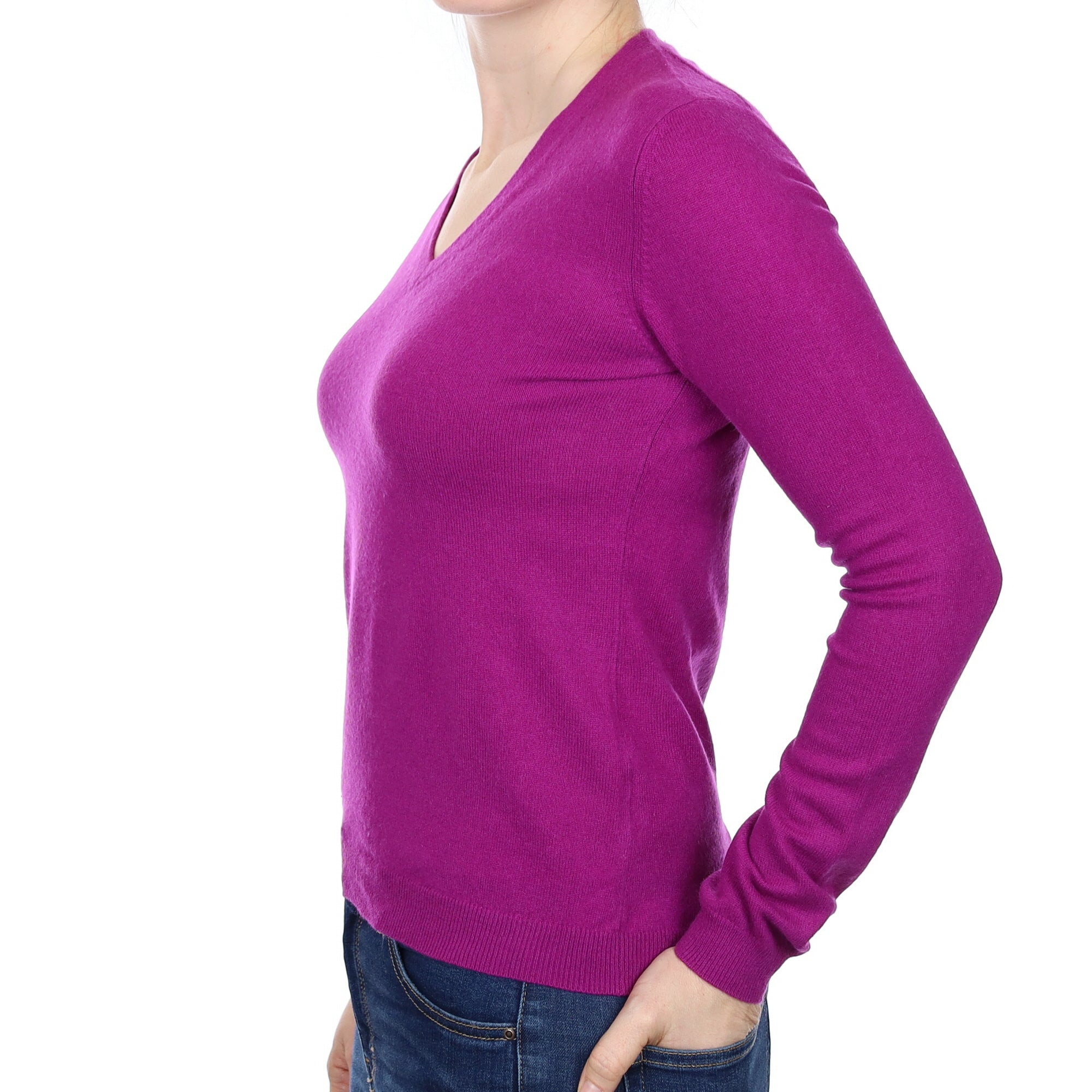 Magenta Purple Cashmere V Neck Jumper Small