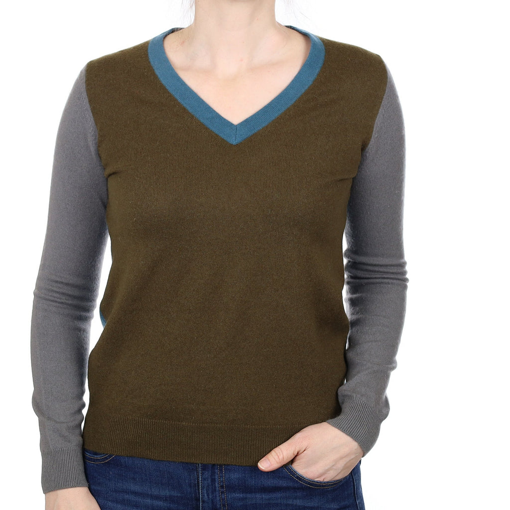 Khaki Colour Block Cashmere V Neck Jumper Small