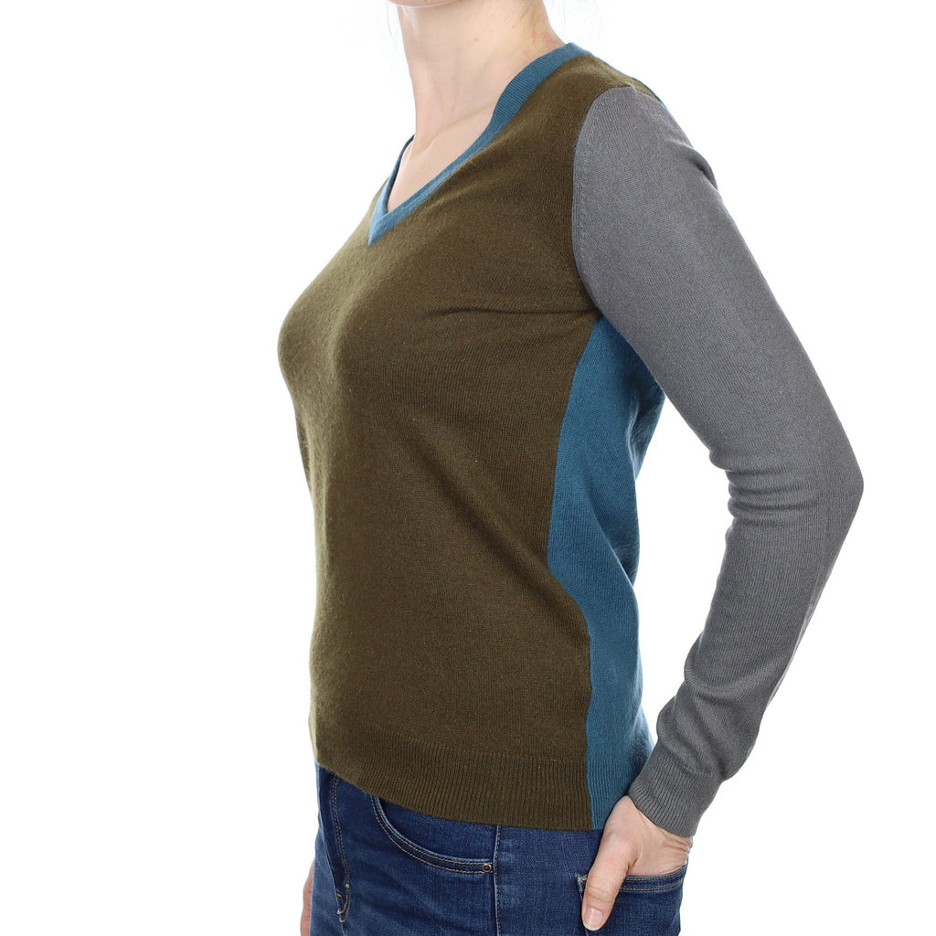 Khaki Colour Block Cashmere V Neck Jumper Small