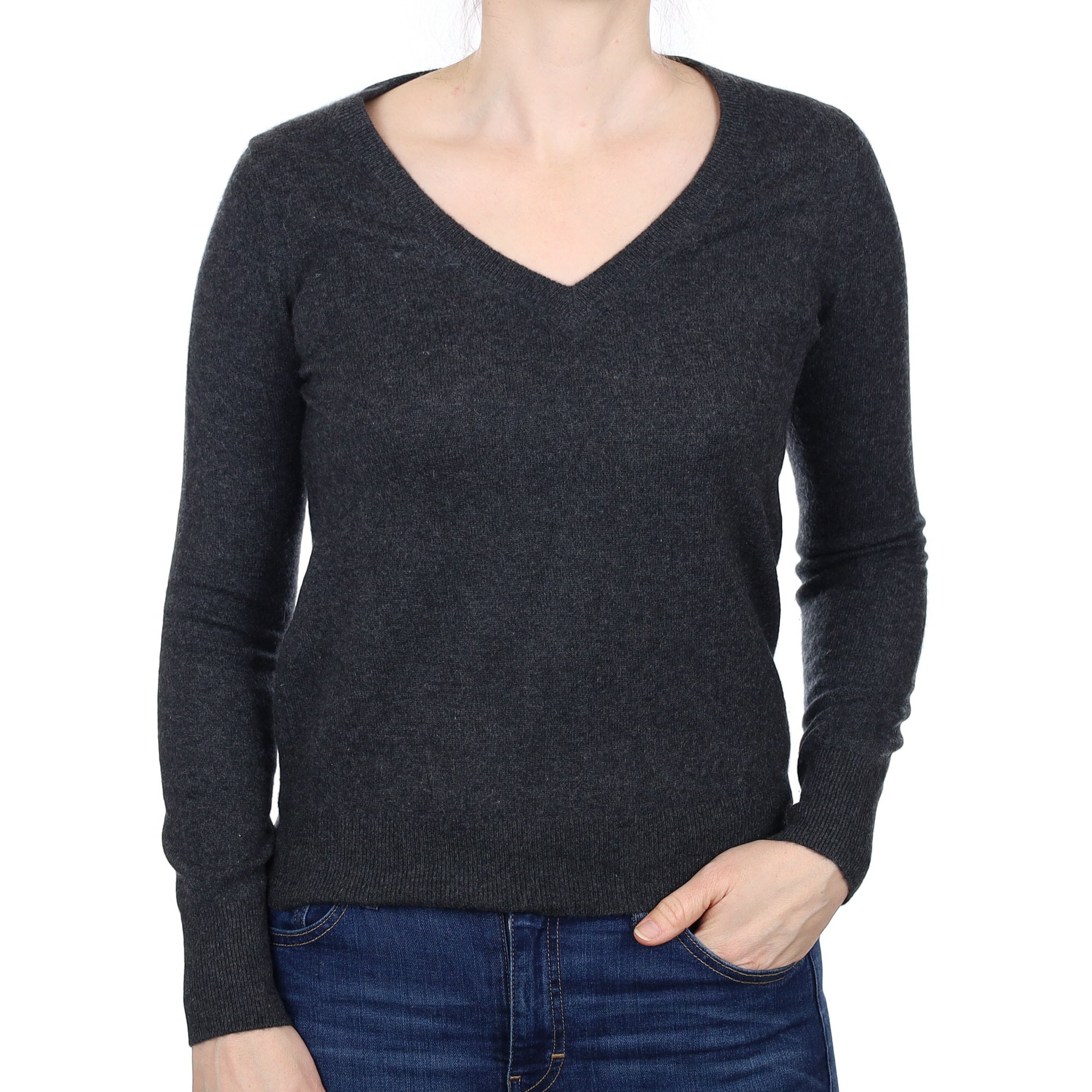 Charcoal Grey Cashmere V Neck Jumper Small