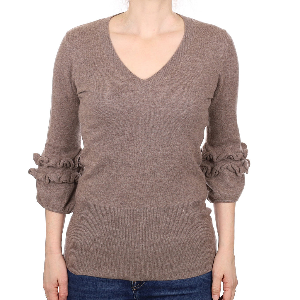 Mocha Brown Cashmere  Ruffle Sleeve V Neck Jumper Small