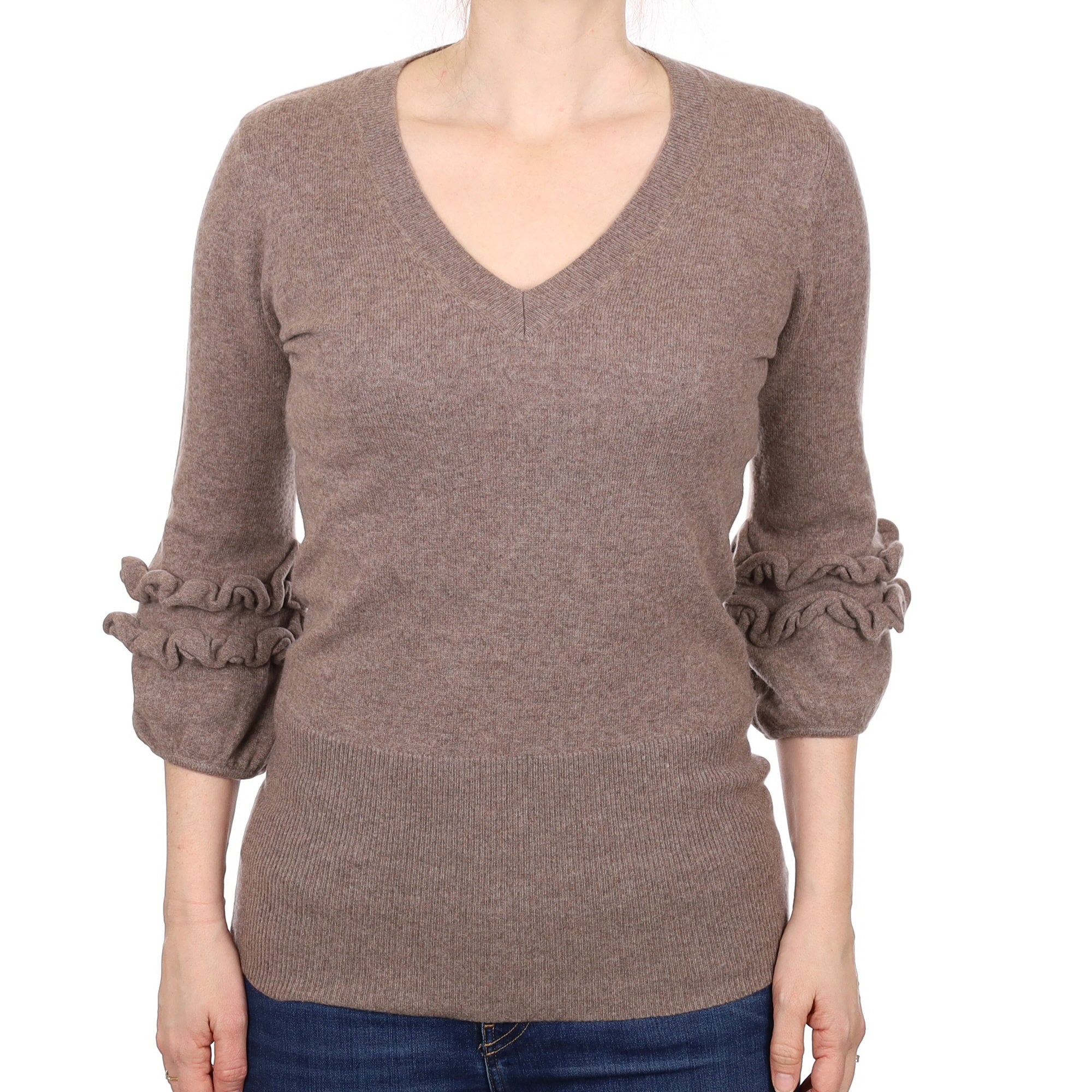 Mocha Brown Cashmere  Ruffle Sleeve V Neck Jumper Small