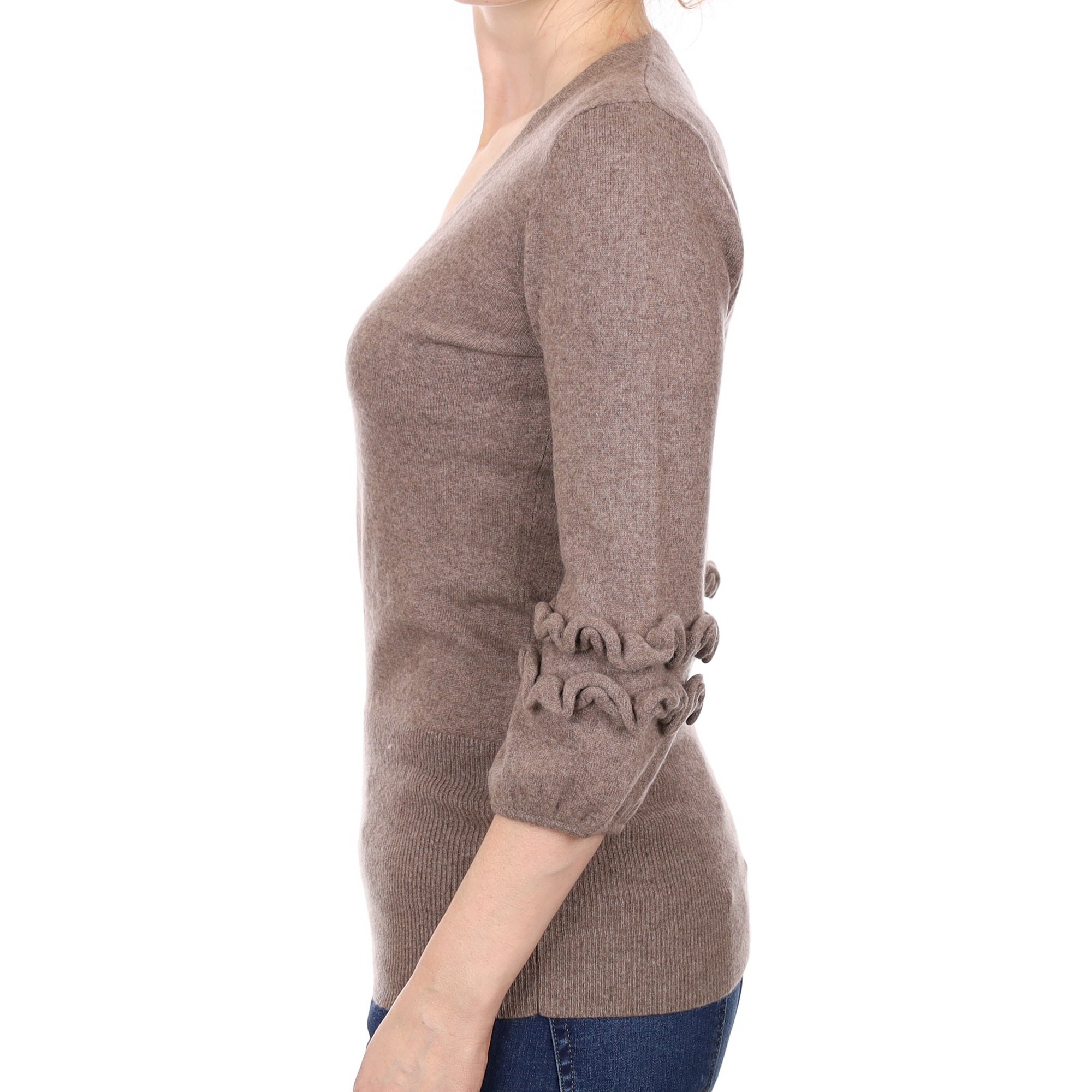 Mocha Brown Cashmere  Ruffle Sleeve V Neck Jumper Small