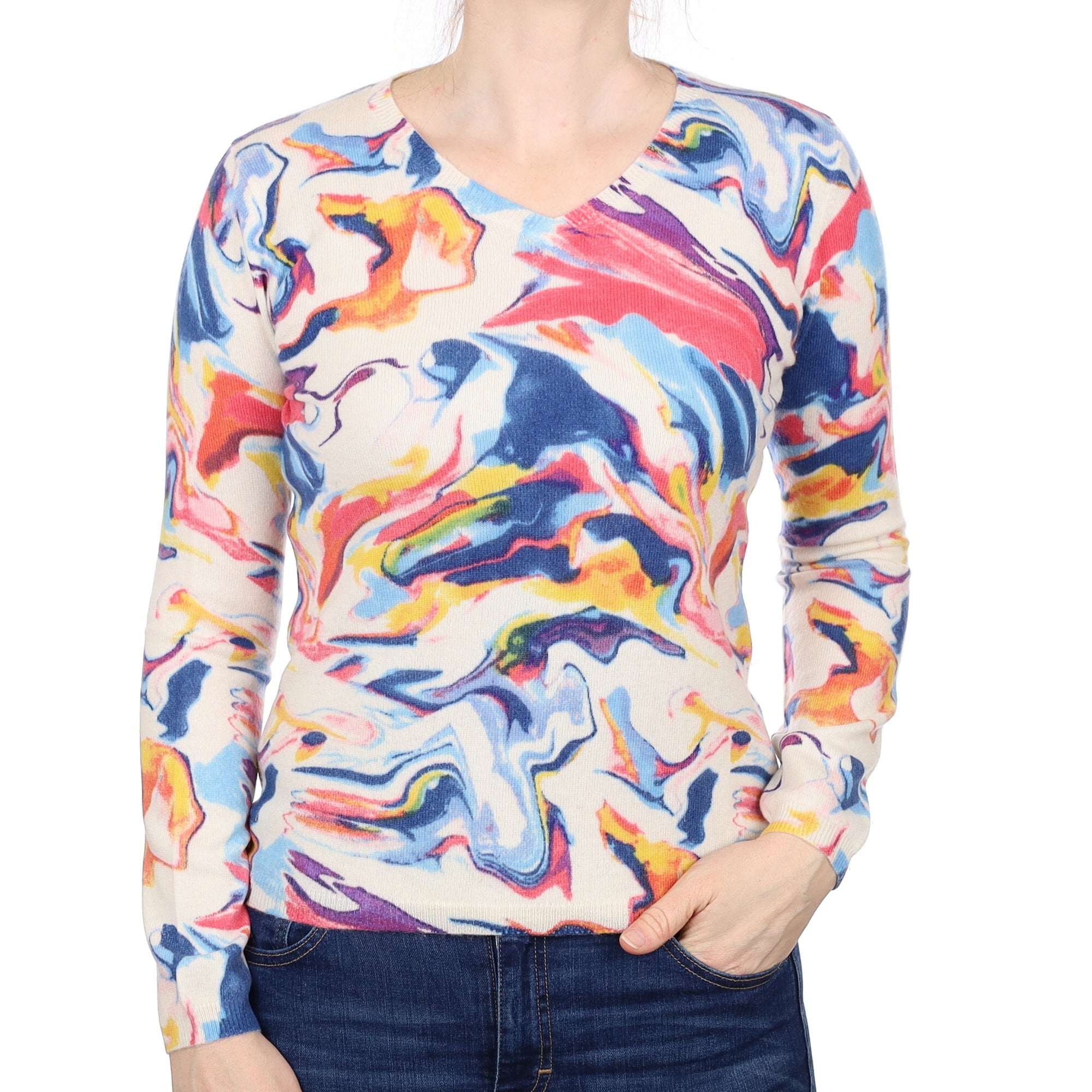 Colourful Marble Effect Cashmere V Neck Jumper Small