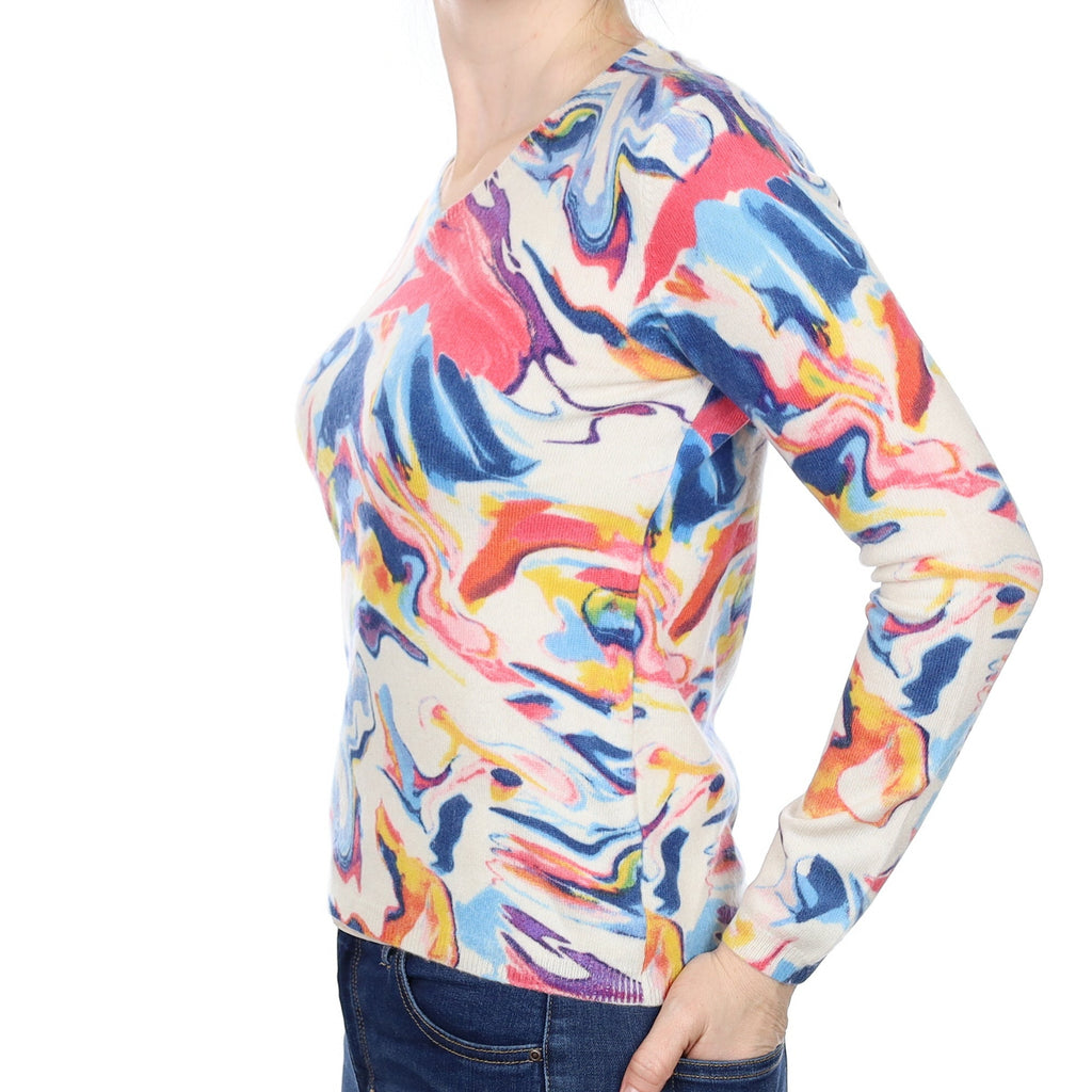 Colourful Marble Effect Cashmere V Neck Jumper Small