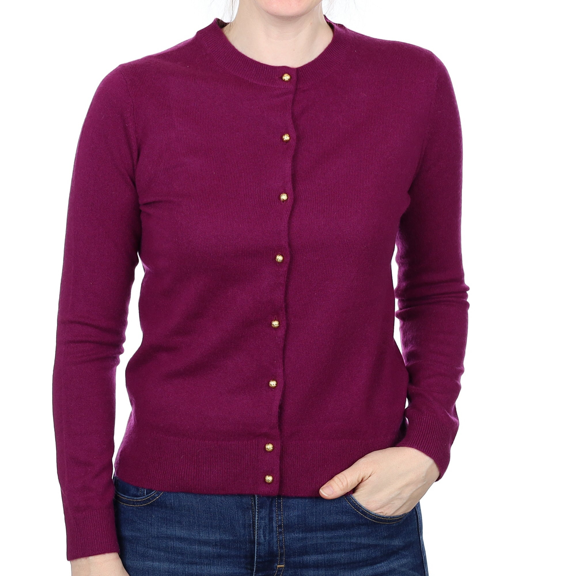 Plum Purple Cashmere Crew Neck Cardigan Small