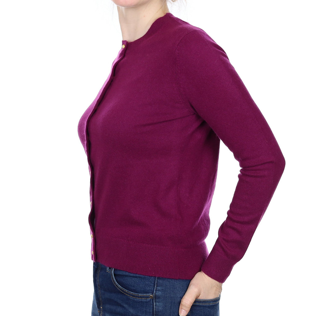 Plum Purple Cashmere Crew Neck Cardigan Small