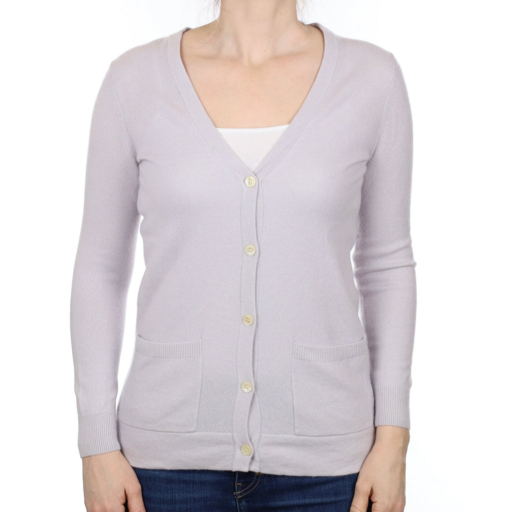 Dove Grey Cashmere V Neck Cardigan with Pockets Small