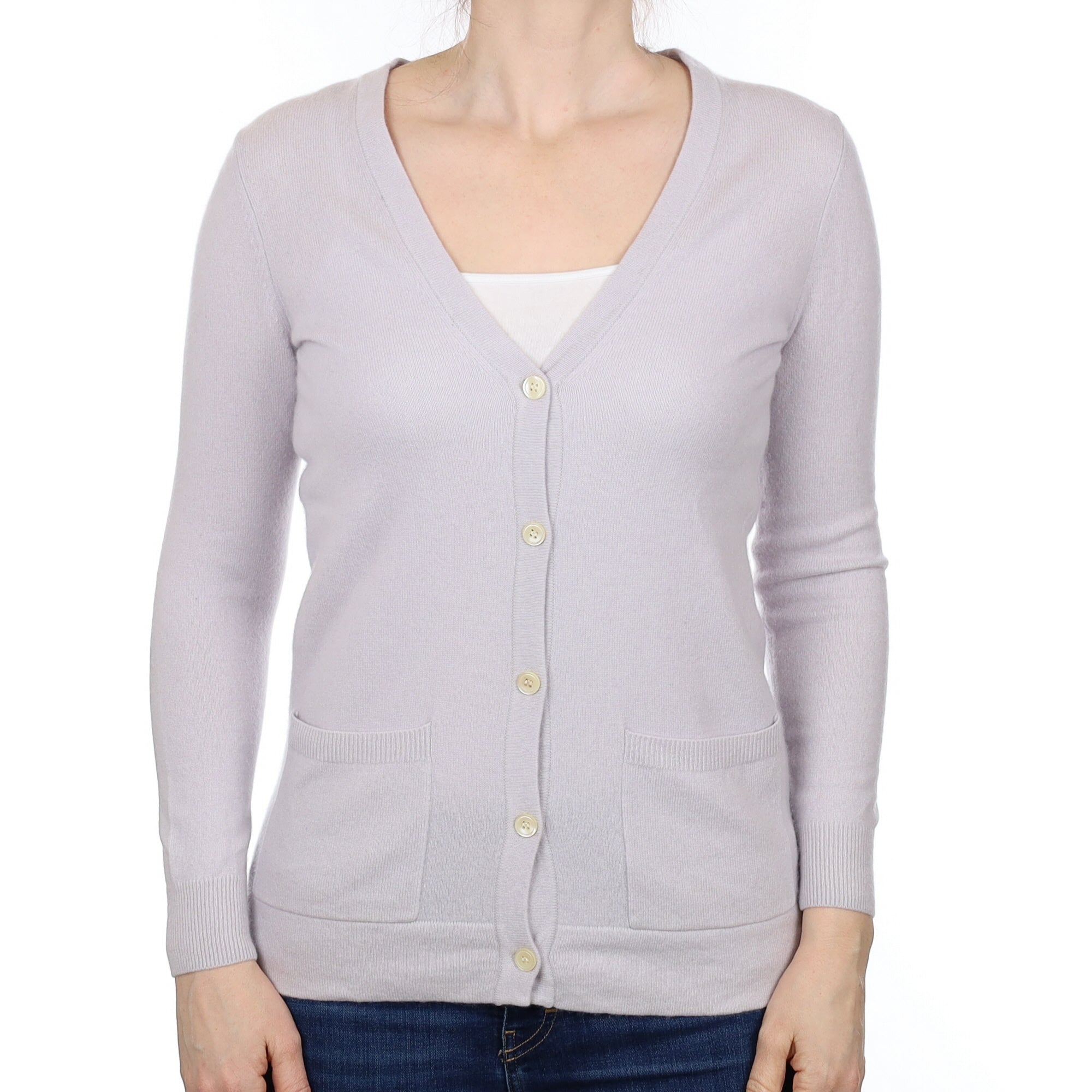Dove Grey Cashmere V Neck Cardigan with Pockets Small
